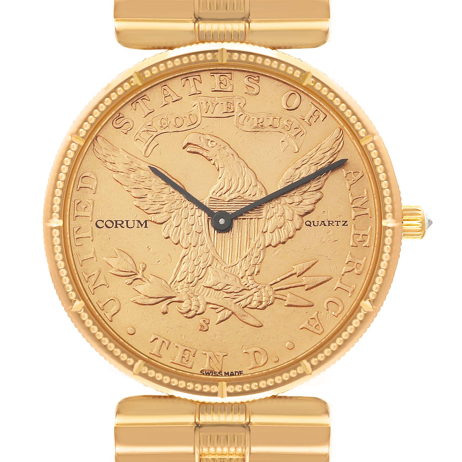 This image shows a frontal view of the Corum 5014856 V41 Women's Yellow Gold Champagne Dial 5014856 V41 Women's Yellow Gold Champagne Dial Coin 10 Dollars Double Eagle Yellow Gold Ladies Watch 1901 model, highlighting its detailed face and gold bracelet.