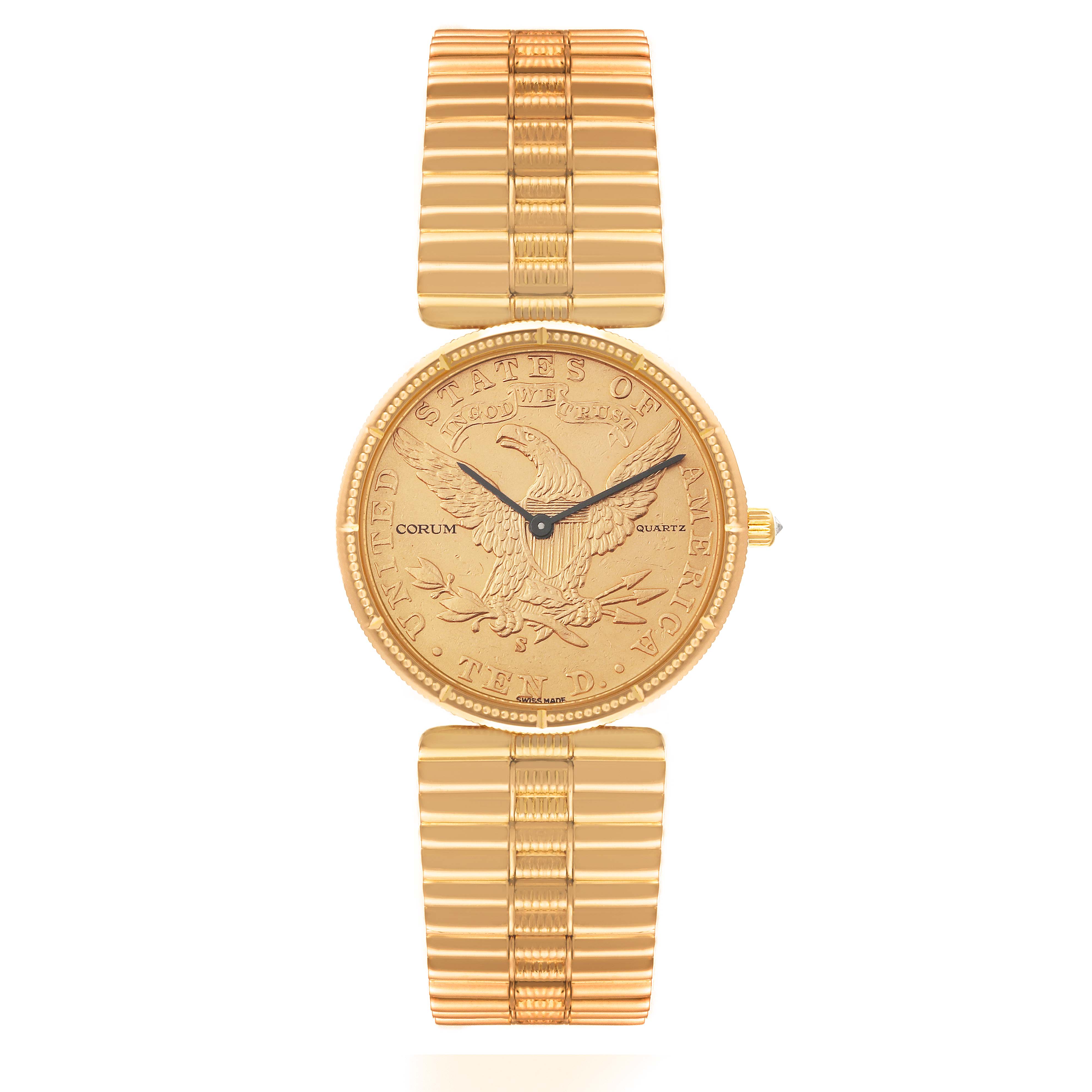 The Coin 10 Dollars Double Eagle Yellow Gold Ladies Watch 1901 model by Corum 5014856 V41 Women's Yellow Gold Champagne Dial 5014856 V41 Women's Yellow Gold Champagne Dial is shown from a front view, displaying the face, band, and crown.