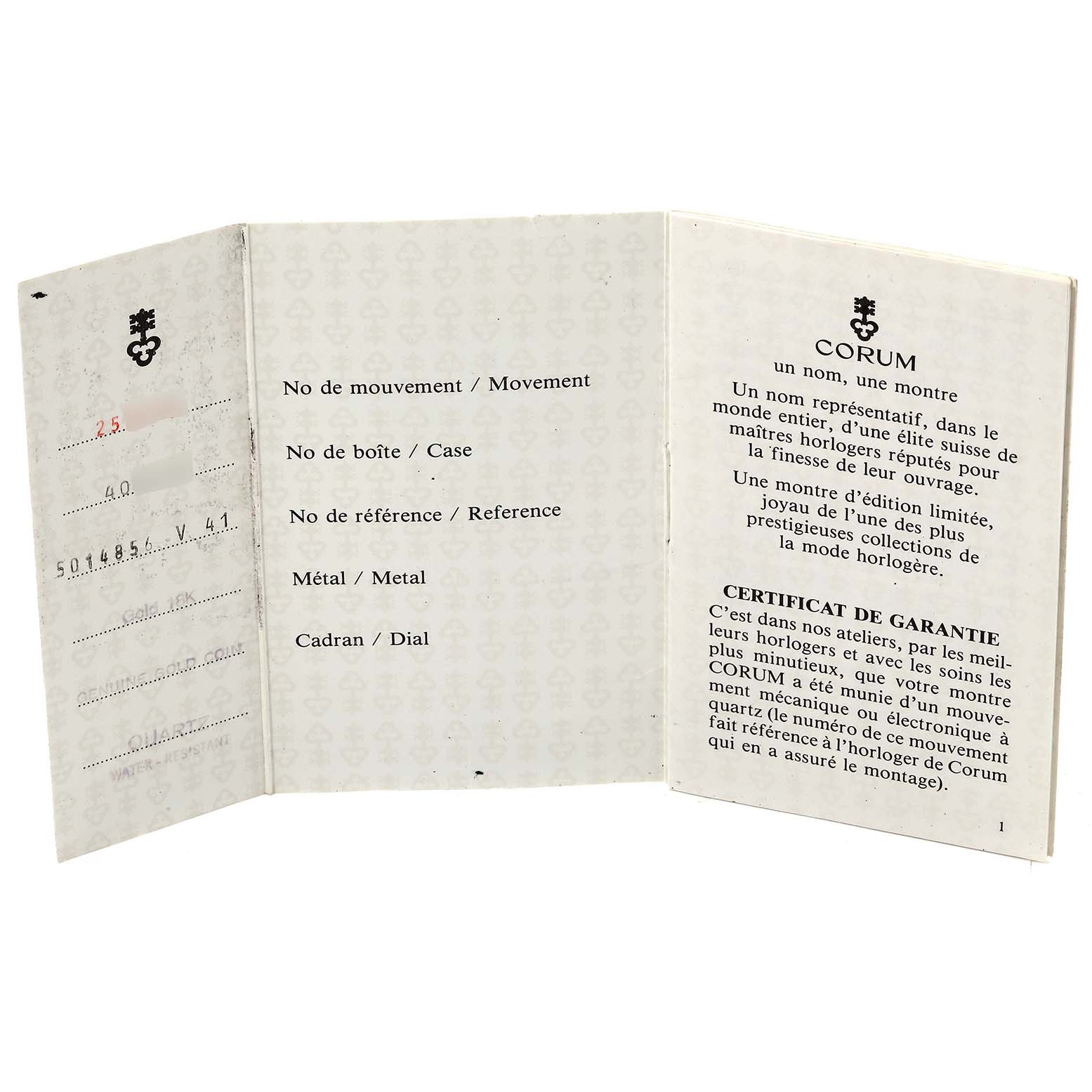 The image shows the warranty certificate for the Corum 5014856 V41 Women's Yellow Gold Champagne Dial 5014856 V41 Women's Yellow Gold Champagne Dial Coin 10 Dollars Double Eagle Yellow Gold Ladies Watch 1901 model.