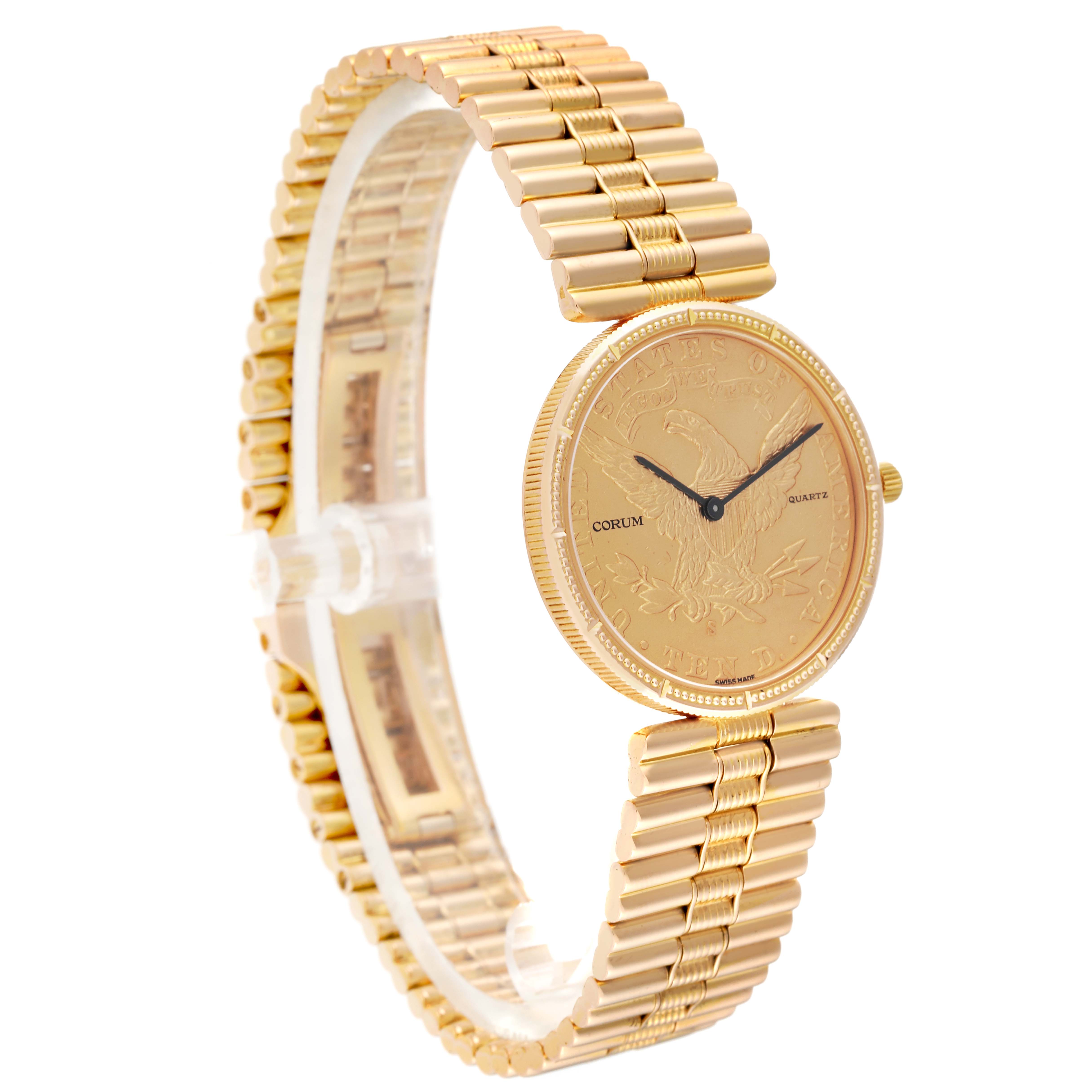The Coin 10 Dollars Double Eagle Yellow Gold Ladies Watch 1901 by Corum 5014856 V41 Women's Yellow Gold Champagne Dial 5014856 V41 Women's Yellow Gold Champagne Dial is shown from a slightly angled side view, displaying the band and face.