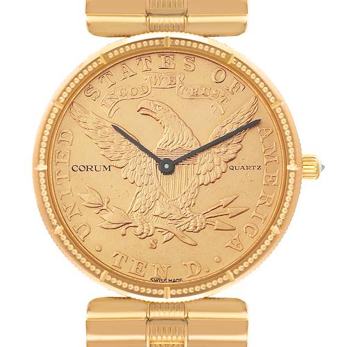 This image shows a front view of a Corum Coin 10 Dollars Double Eagle Yellow Gold Ladies Watch 1901 model, highlighting the face and part of the strap.