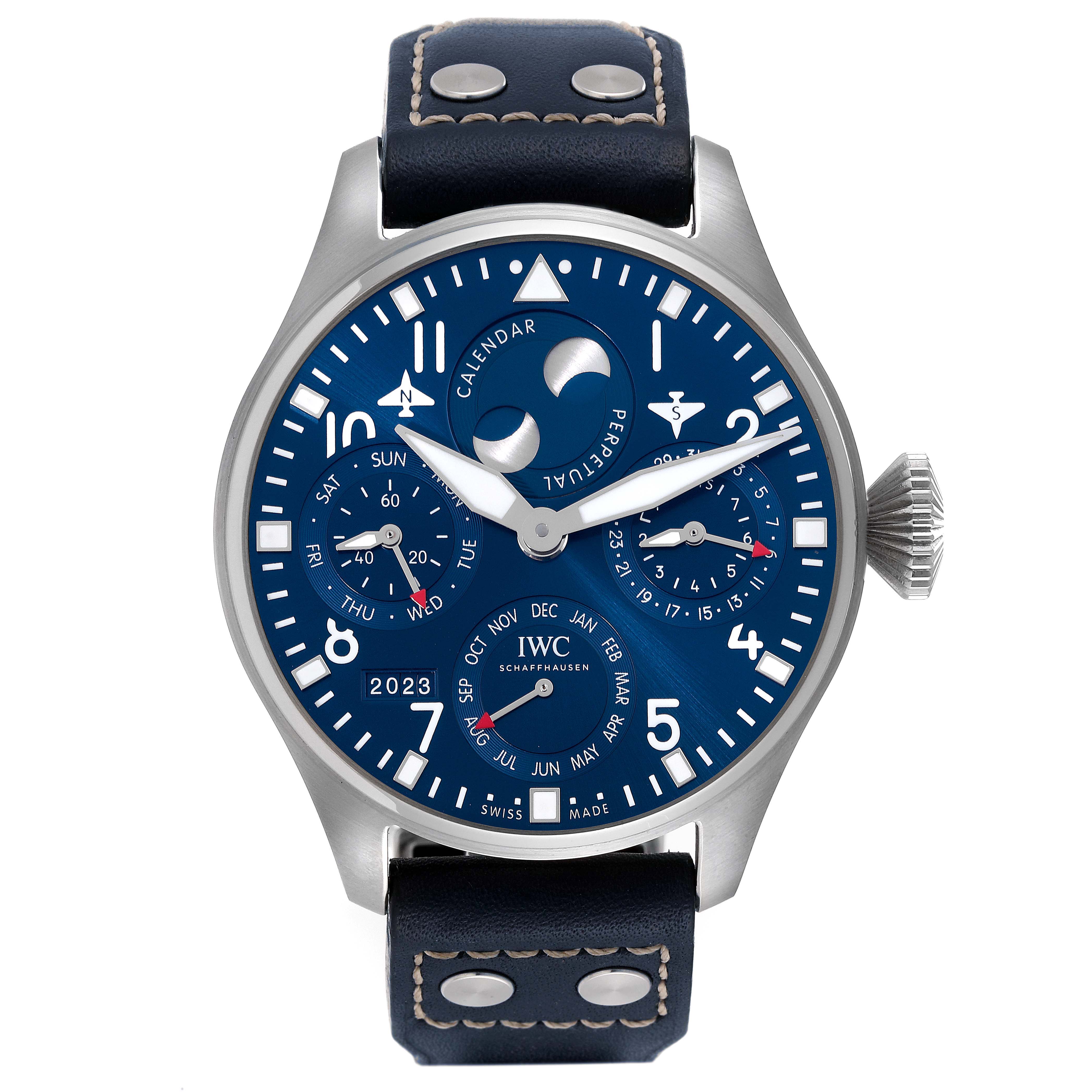 This is a front view of the IWC Pilot IW503605 Men's Stainless Steel Blue Dial IW503605 Men's Stainless Steel Blue Dial model watch, showcasing its intricate blue dial and leather strap.