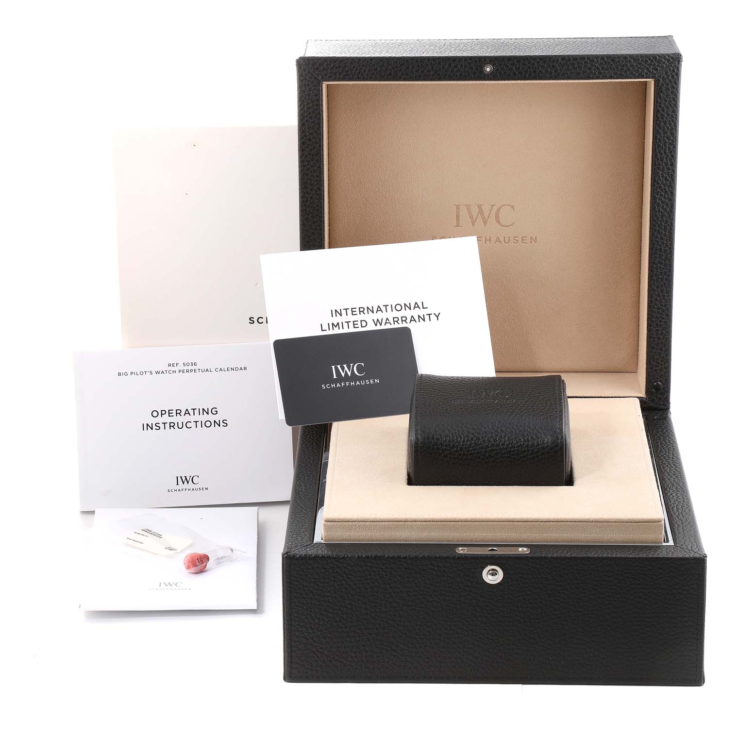 The image shows the packaging, operating instructions, warranty card, and accessories for the IWC Pilot IW503605 Men's Stainless Steel Blue Dial IW503605 Men's Stainless Steel Blue Dial model watch.