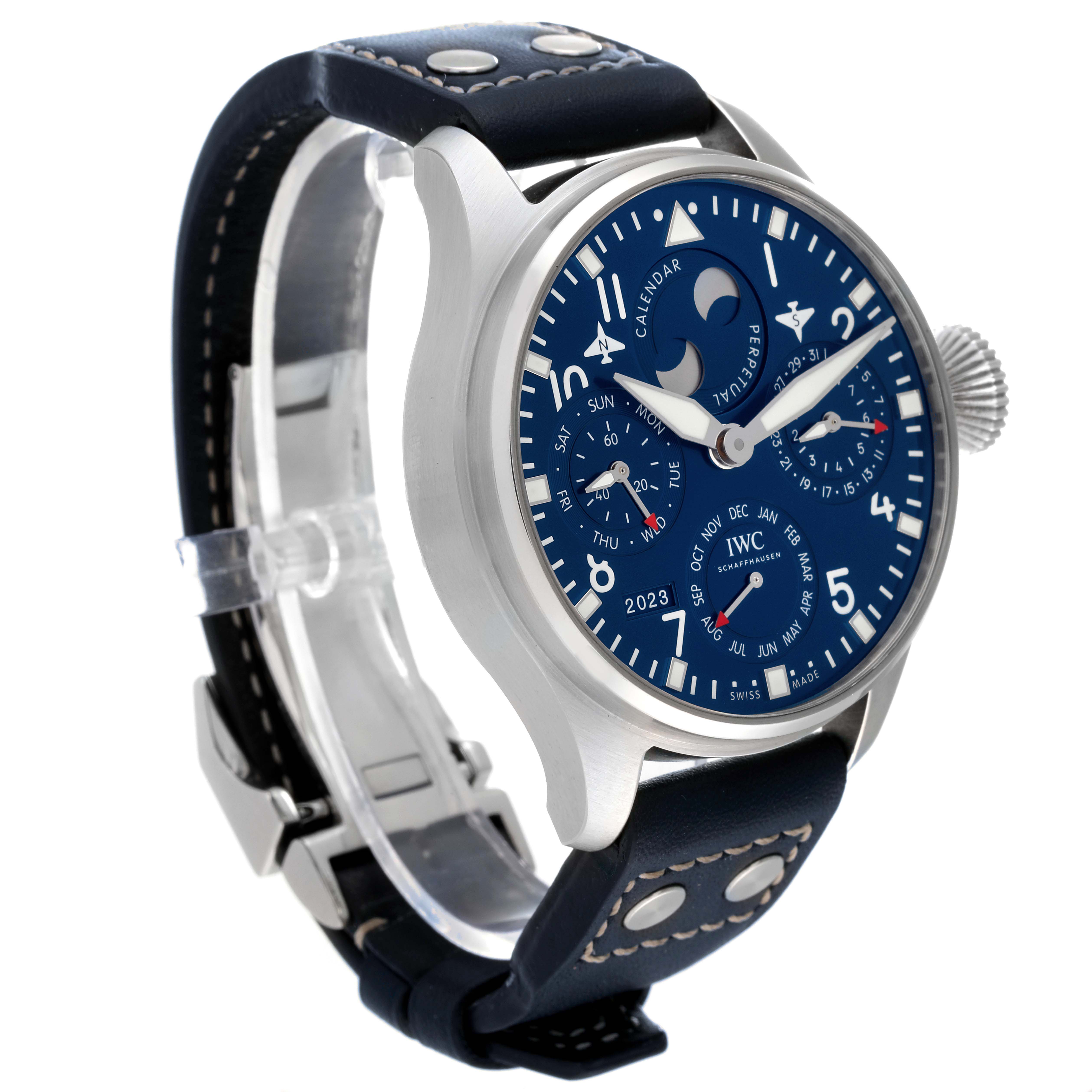 The image shows an IWC Pilot IW503605 Men's Stainless Steel Blue Dial IW503605 Men's Stainless Steel Blue Dial model watch from an angled side perspective, highlighting the face, dial features, case, and strap.