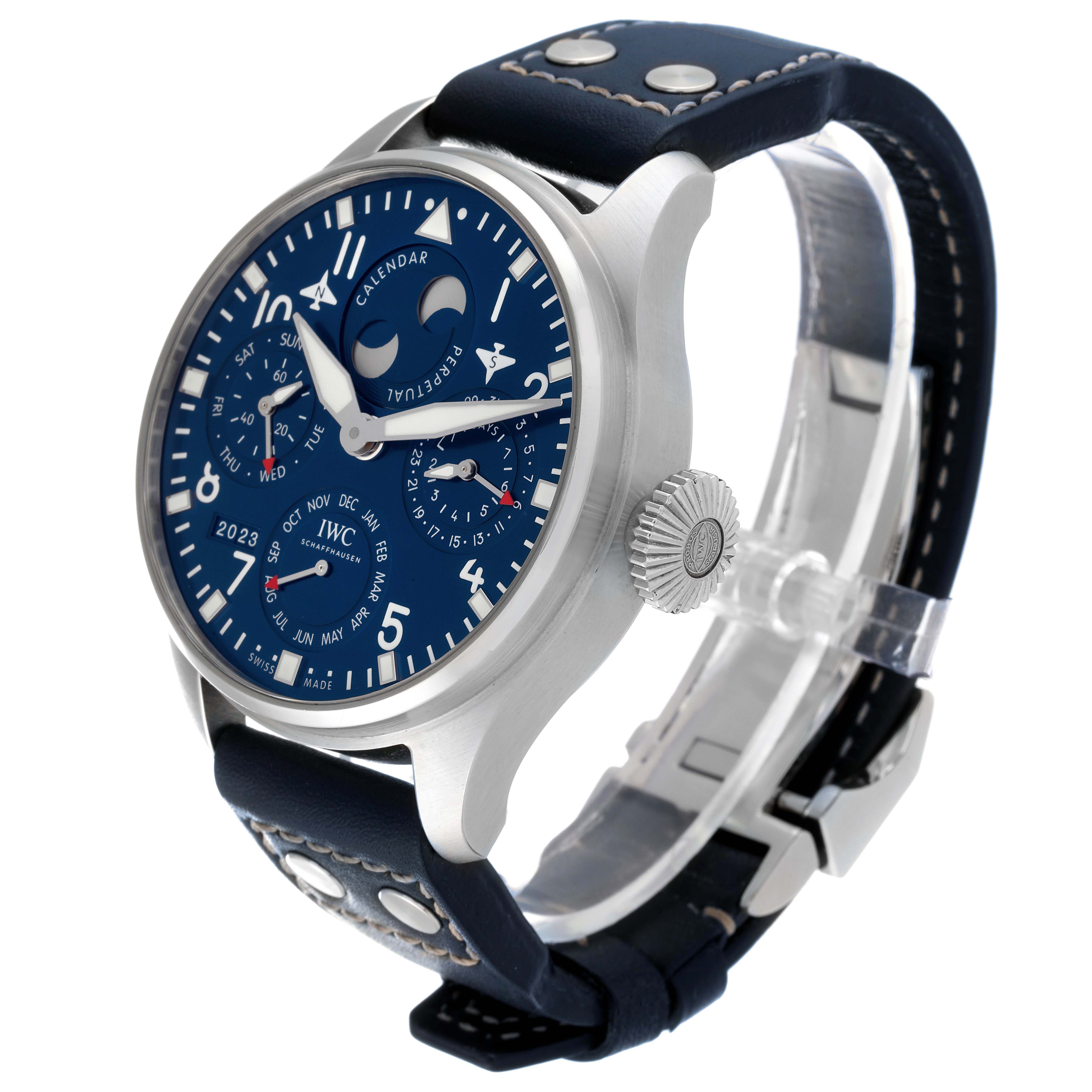The IWC Pilot IW503605 Men's Stainless Steel Blue Dial IW503605 Men's Stainless Steel Blue Dial watch is shown from a front-side angle, displaying the dial, hands, bezel, crown, and band.
