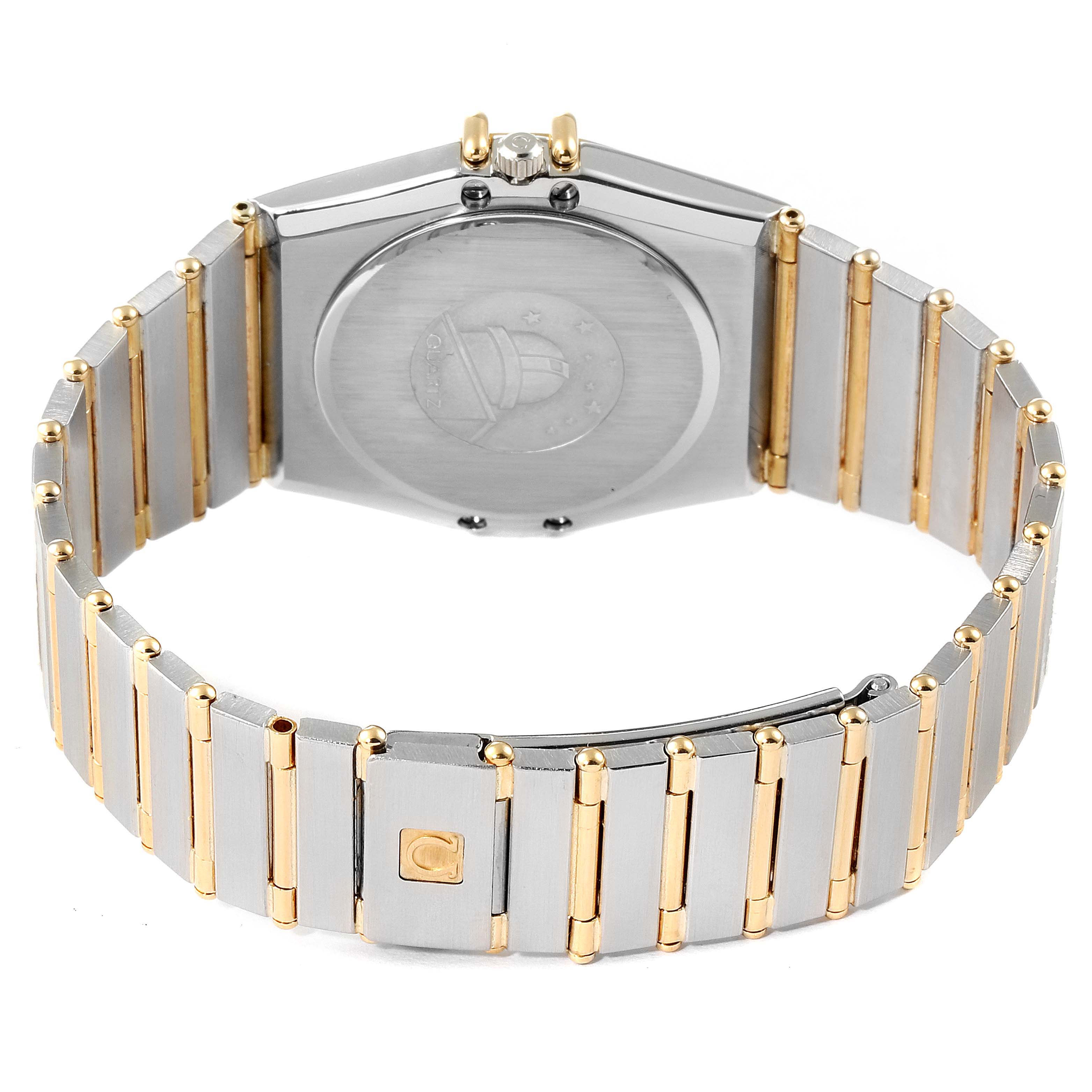 This image shows the back and bracelet of the Constellation model by Omega at a rear angle.