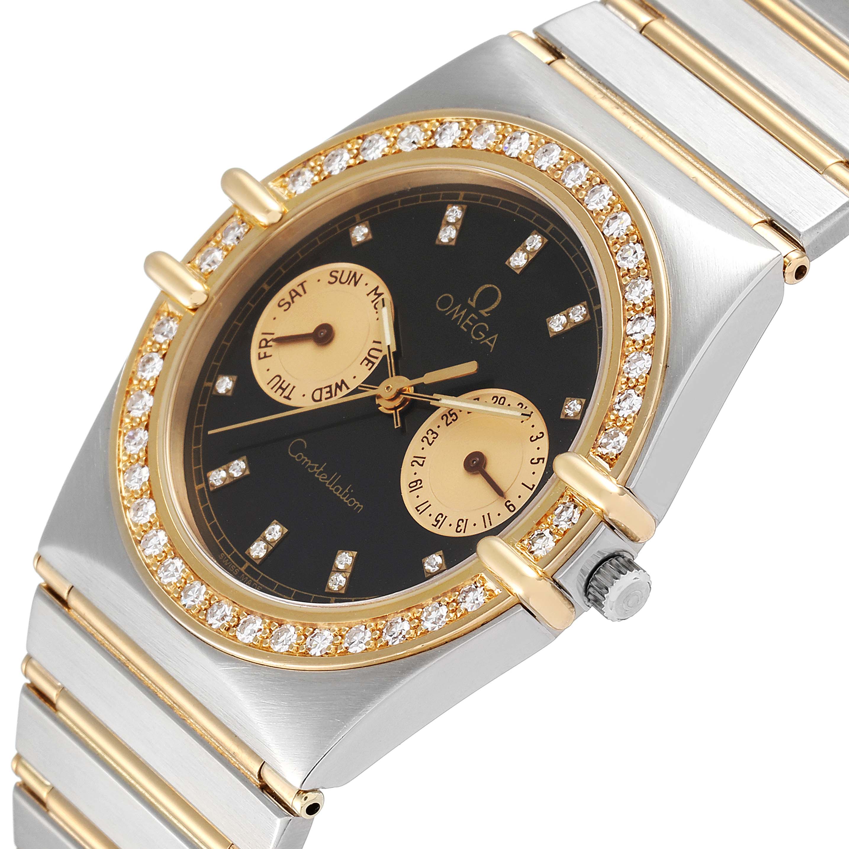 The image shows an angled view of an Omega Constellation Men's Steel and Gold (two tone) Black Dial Men's Steel and Gold (two tone) Black Dial watch, highlighting its dial, bezel, crown, and part of the bracelet.