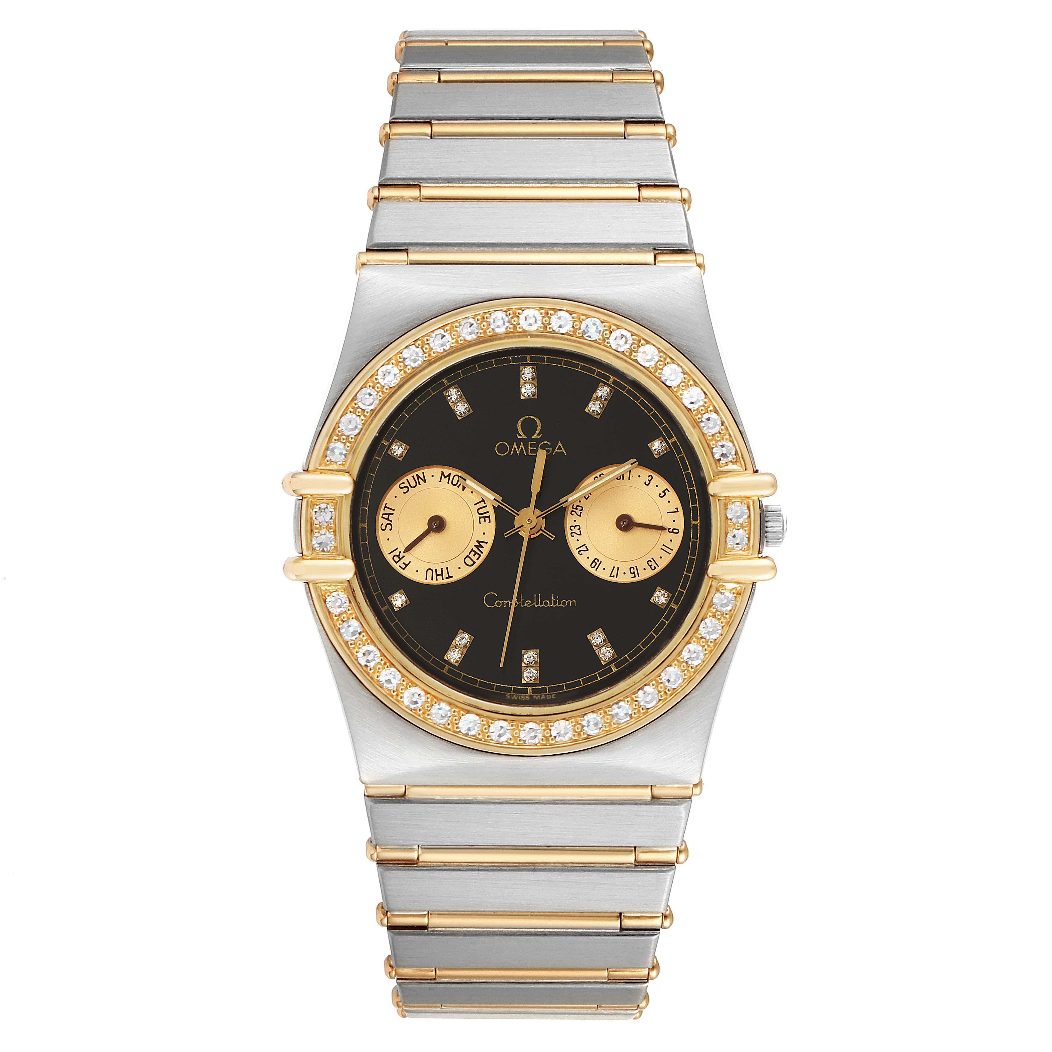 This image shows a front view of an Omega Constellation Men's Steel and Gold (two tone) Black Dial Men's Steel and Gold (two tone) Black Dial watch with a stainless steel and gold bracelet, and a diamond bezel.