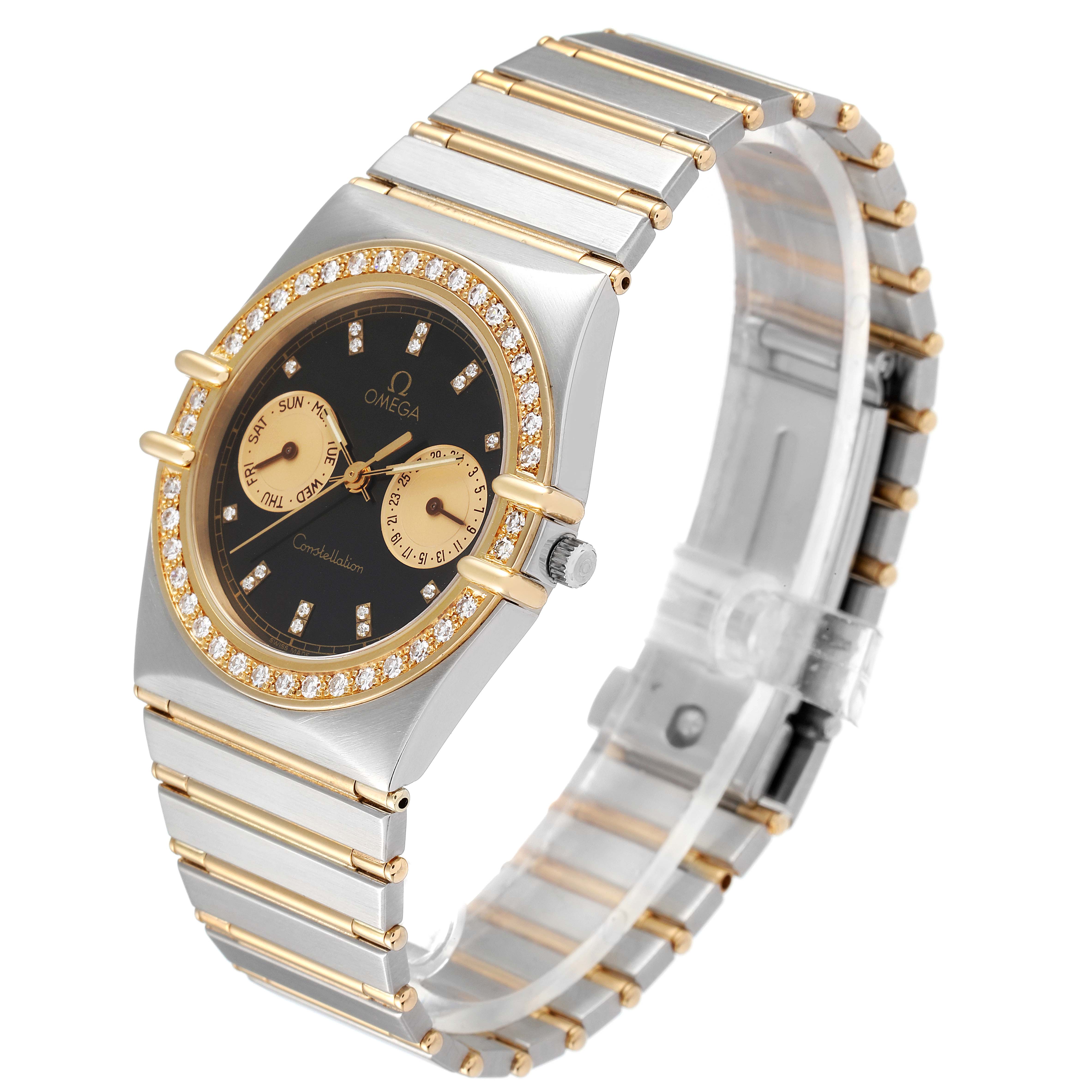This Omega Constellation Men's Steel and Gold (two tone) Black Dial Men's Steel and Gold (two tone) Black Dial watch is shown at a three-quarter angle, highlighting its face, bezel, and bracelet.