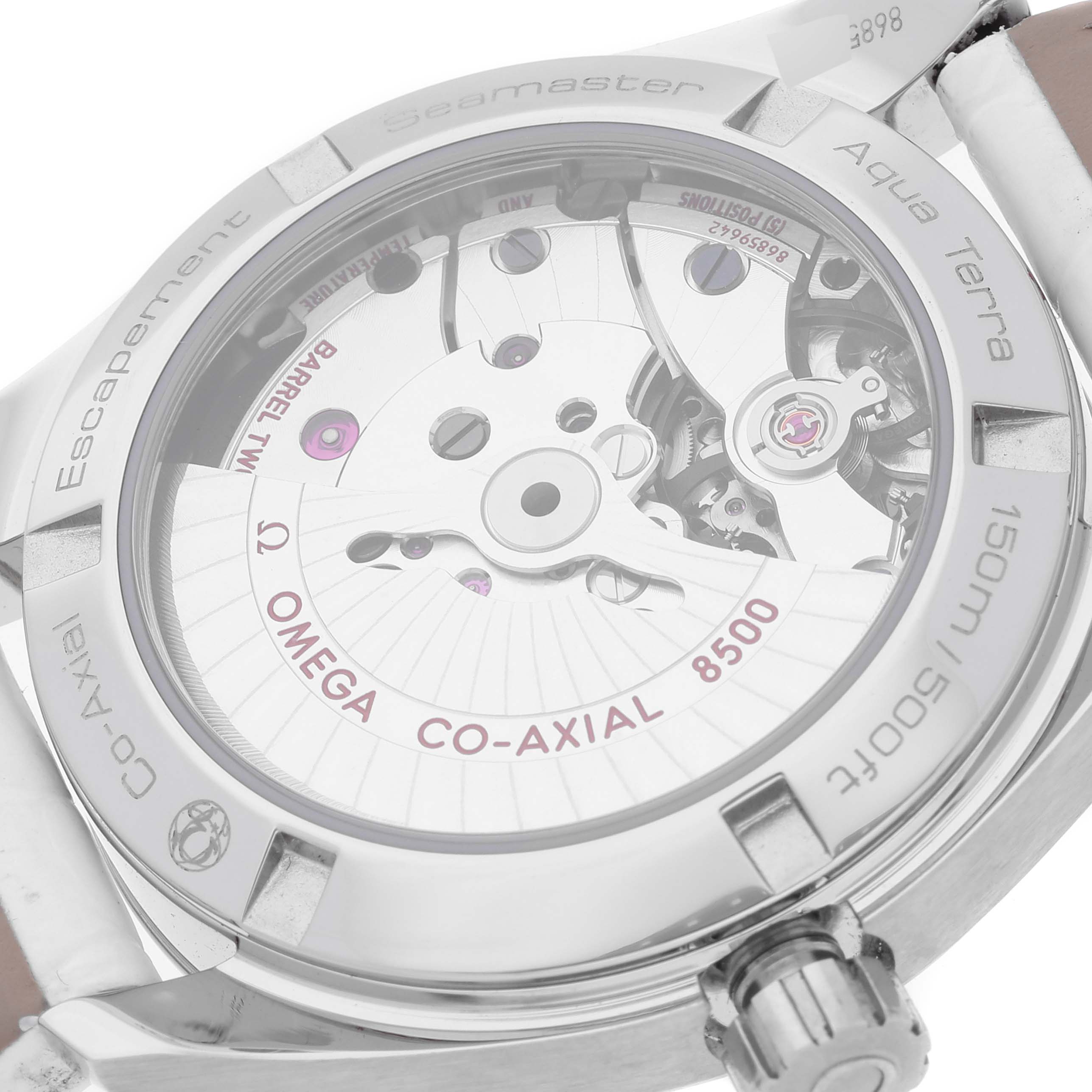 The back of the Omega Aqua Terra 231.13.42.21.02.001 Men's Stainless Steel Mother of Pearl Dial 231.13.42.21.02.001 Men's Stainless Steel Mother of Pearl Dial watch shows the Co-Axial 8500 movement through the sapphire crystal case back.