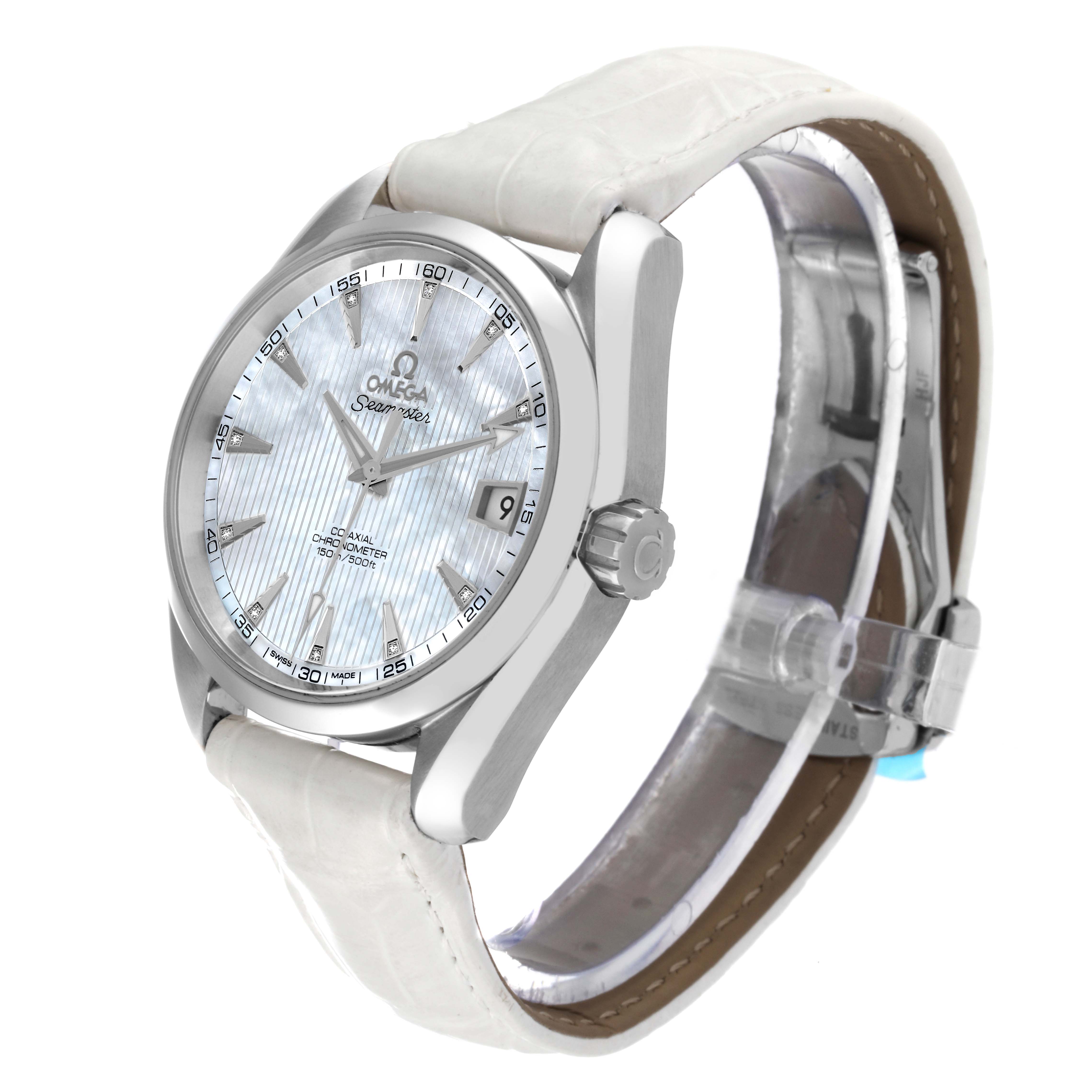 The image shows an Omega Aqua Terra 231.13.42.21.02.001 Men's Stainless Steel Mother of Pearl Dial 231.13.42.21.02.001 Men's Stainless Steel Mother of Pearl Dial watch at an angle highlighting the face, crown, and strap.