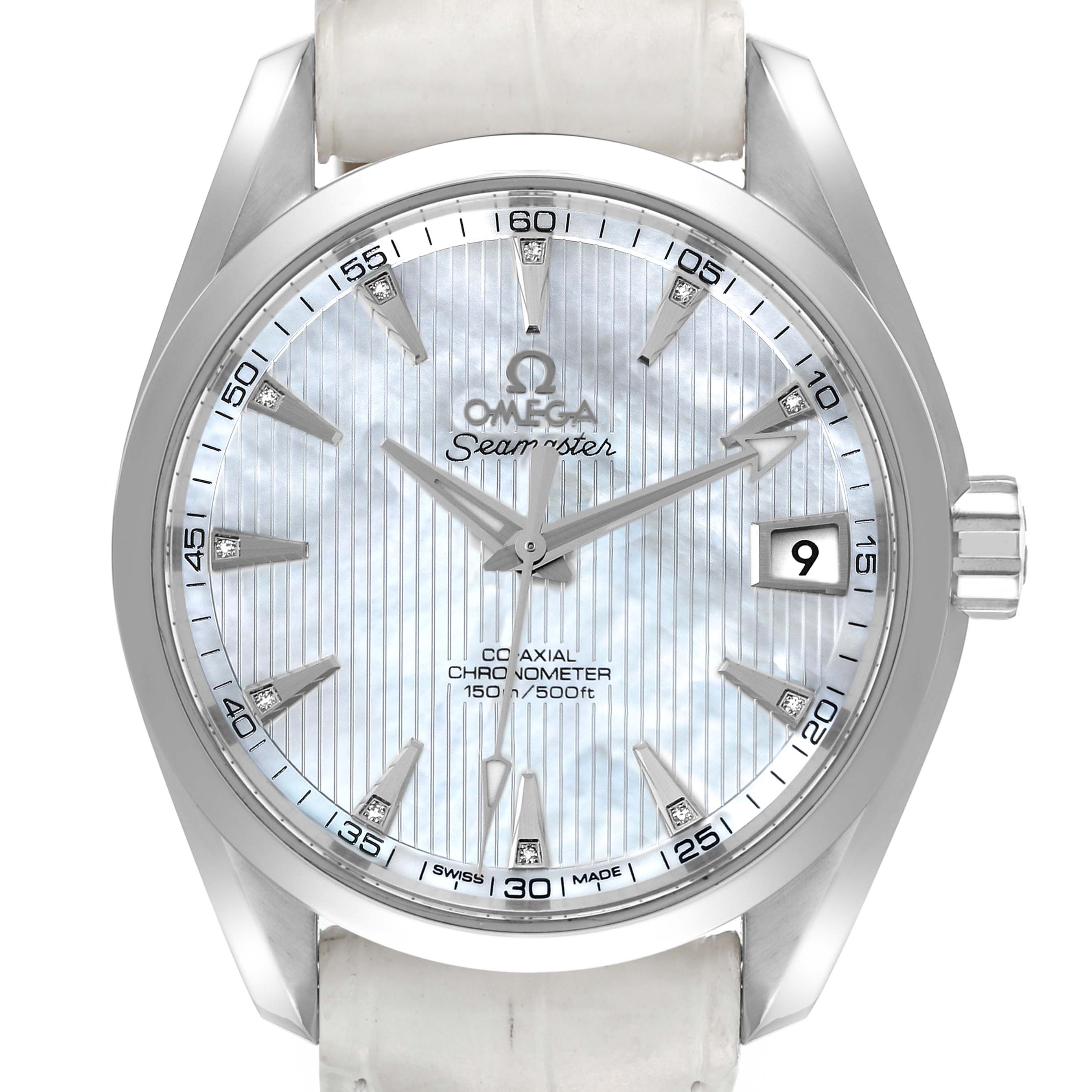 The image shows a front view of the Omega Aqua Terra 231.13.42.21.02.001 Men's Stainless Steel Mother of Pearl Dial 231.13.42.21.02.001 Men's Stainless Steel Mother of Pearl Dial watch, displaying its dial, hour markers, hands, and crown.
