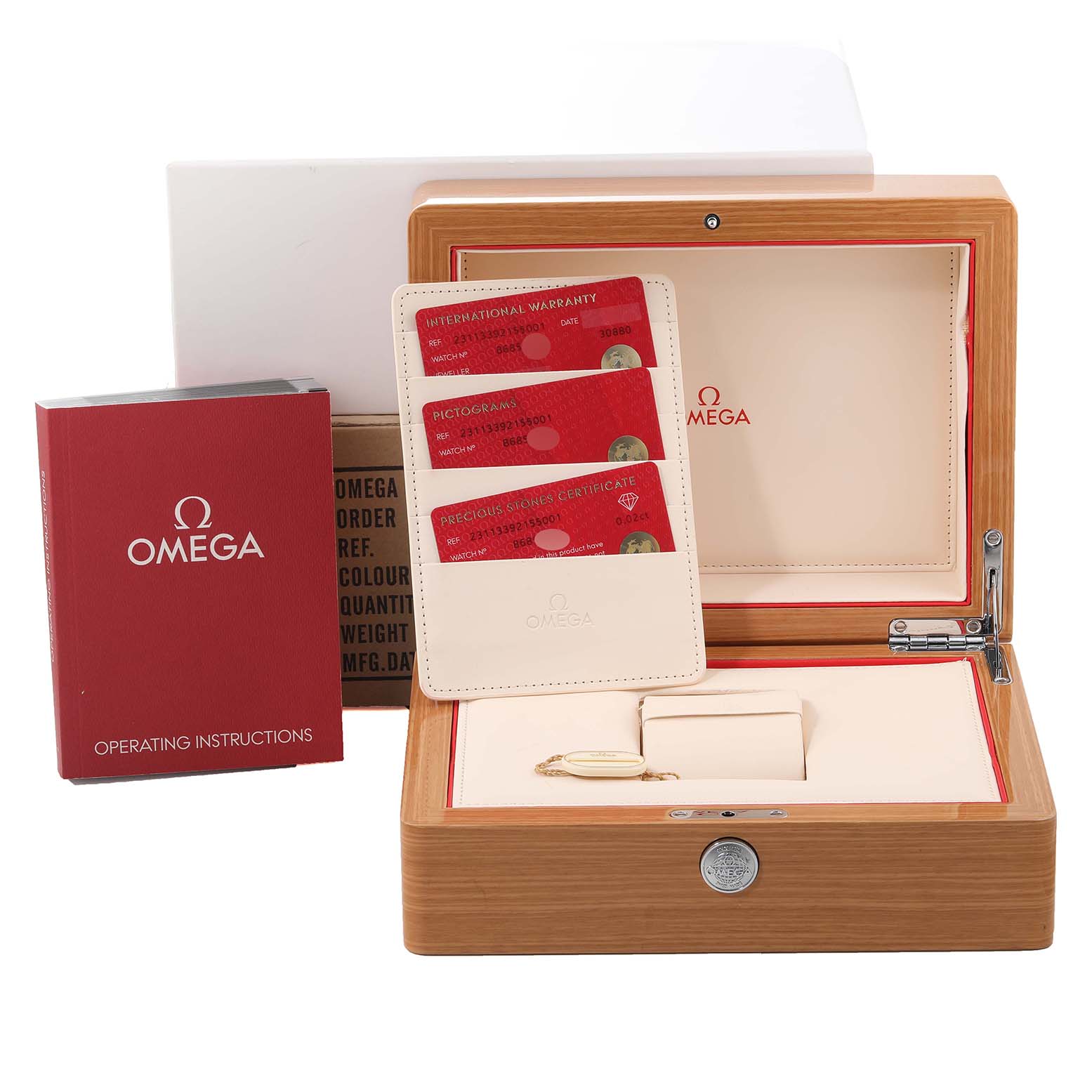 The image shows the packaging and accessories for the Omega Aqua Terra 231.13.42.21.02.001 Men's Stainless Steel Mother of Pearl Dial 231.13.42.21.02.001 Men's Stainless Steel Mother of Pearl Dial model, including warranty cards, a manual, and a storage box.