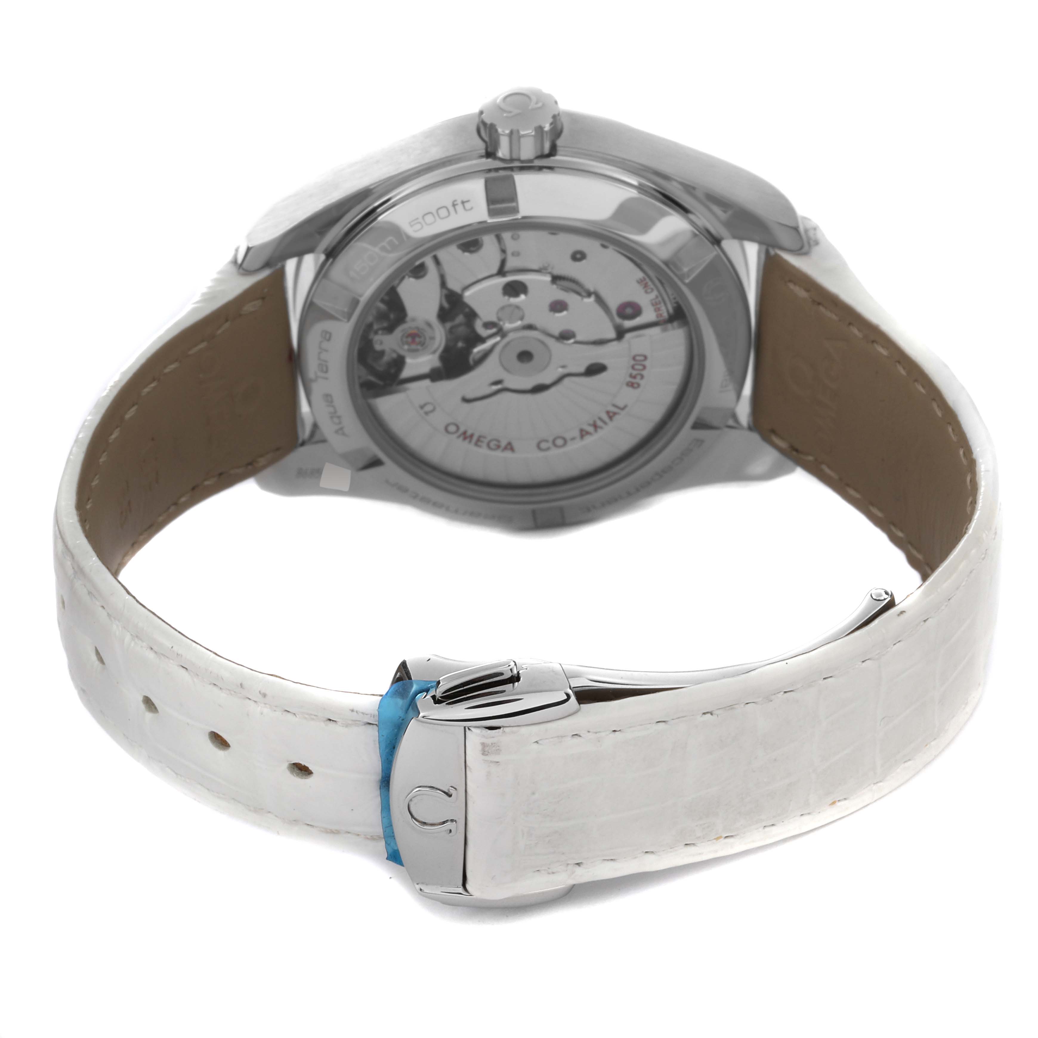 The image shows the back view of an Omega Aqua Terra 231.13.42.21.02.001 Men's Stainless Steel Mother of Pearl Dial 231.13.42.21.02.001 Men's Stainless Steel Mother of Pearl Dial watch, highlighting the transparent case back and white leather strap.