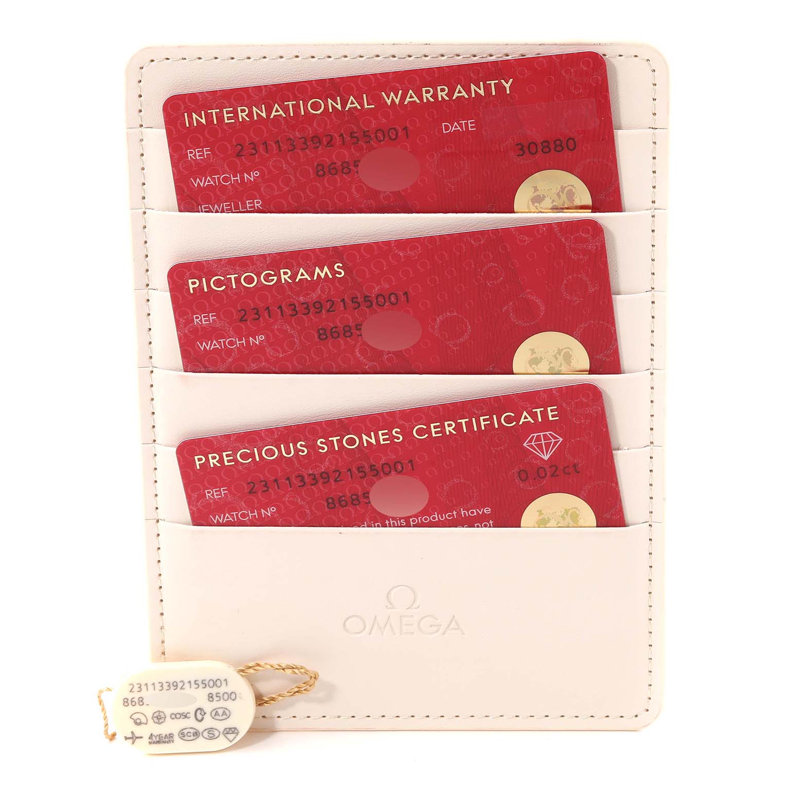 The image shows the warranty cards and certificates for the Omega Aqua Terra 231.13.42.21.02.001 Men's Stainless Steel Mother of Pearl Dial 231.13.42.21.02.001 Men's Stainless Steel Mother of Pearl Dial model.