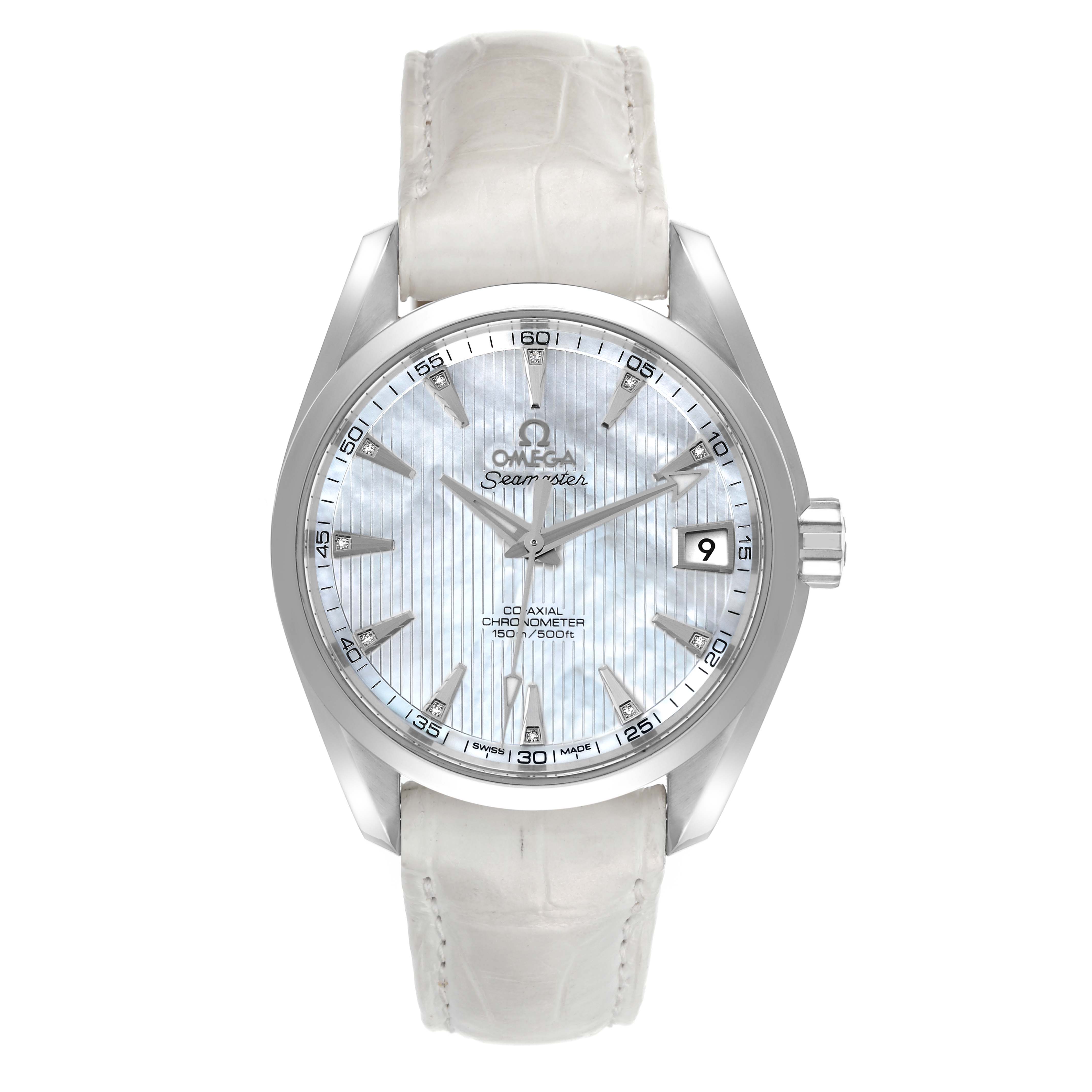 The image shows a front view of the Omega Aqua Terra 231.13.42.21.02.001 Men's Stainless Steel Mother of Pearl Dial 231.13.42.21.02.001 Men's Stainless Steel Mother of Pearl Dial watch, displaying the dial, hands, bezel, date window, and white leather strap.