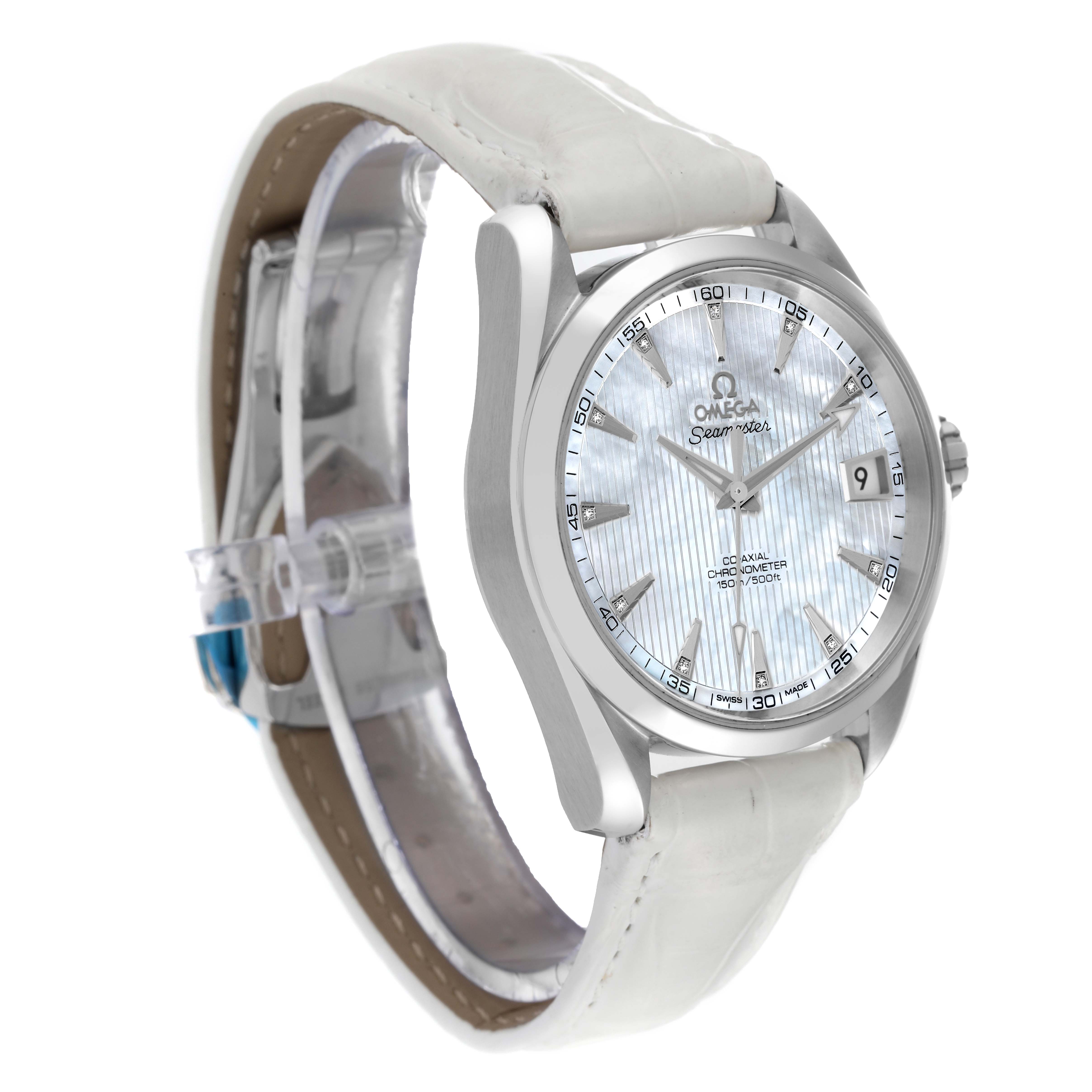 The image shows an angled view of the Omega Aqua Terra 231.13.42.21.02.001 Men's Stainless Steel Mother of Pearl Dial 231.13.42.21.02.001 Men's Stainless Steel Mother of Pearl Dial watch, highlighting its face, bezel, crown, and strap.