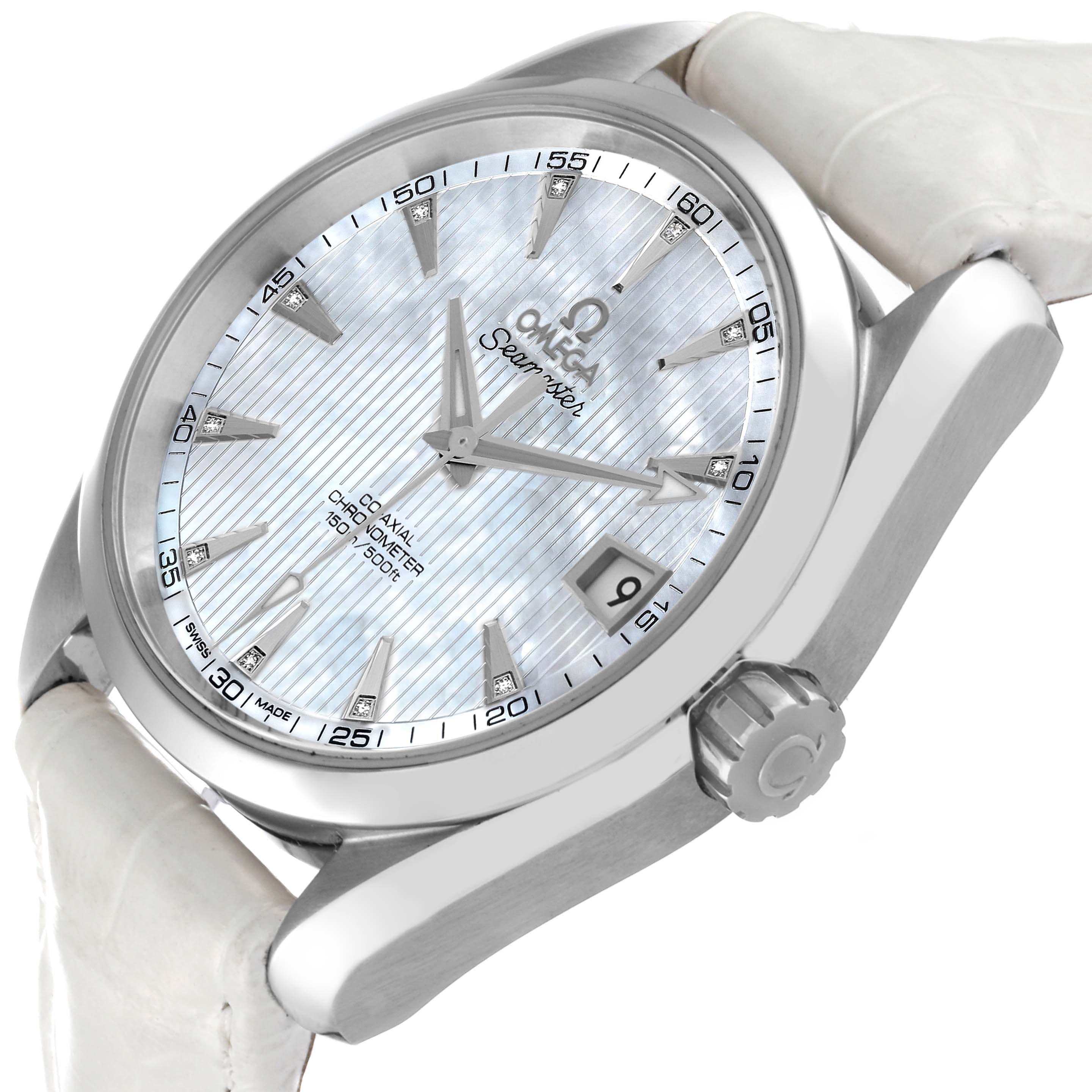 The Omega Aqua Terra 231.13.42.21.02.001 Men's Stainless Steel Mother of Pearl Dial 231.13.42.21.02.001 Men's Stainless Steel Mother of Pearl Dial watch is shown at an angled view, highlighting its dial, case, crown, and white strap.