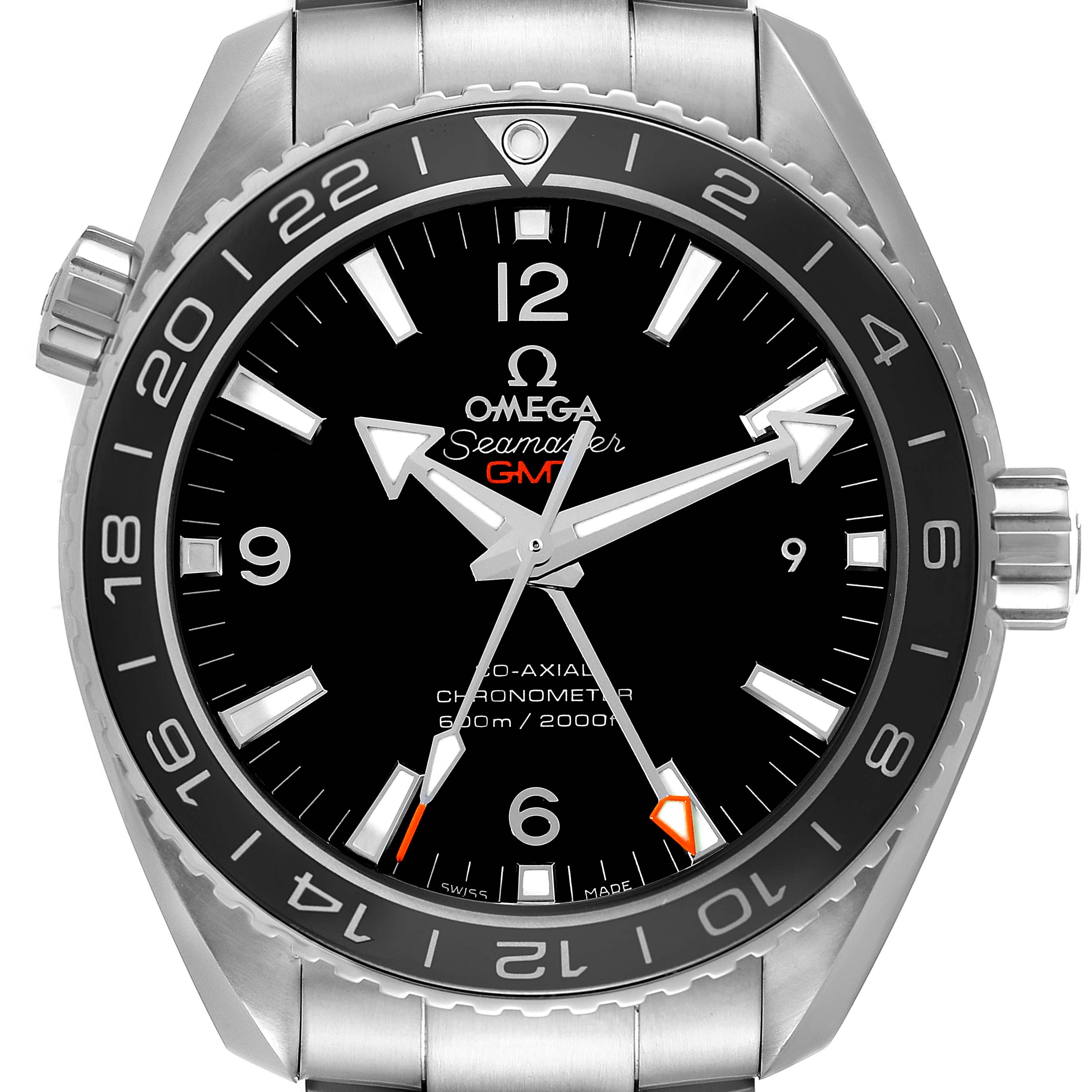 This image shows the front view of the Omega Planet Ocean 232.30.44.22.01.001 Men
s Stainless Steel Black Dial 232.30.44.22.01.001 Men
s Stainless Steel Black Dial watch, including the dial, hands, bezel, and crown.