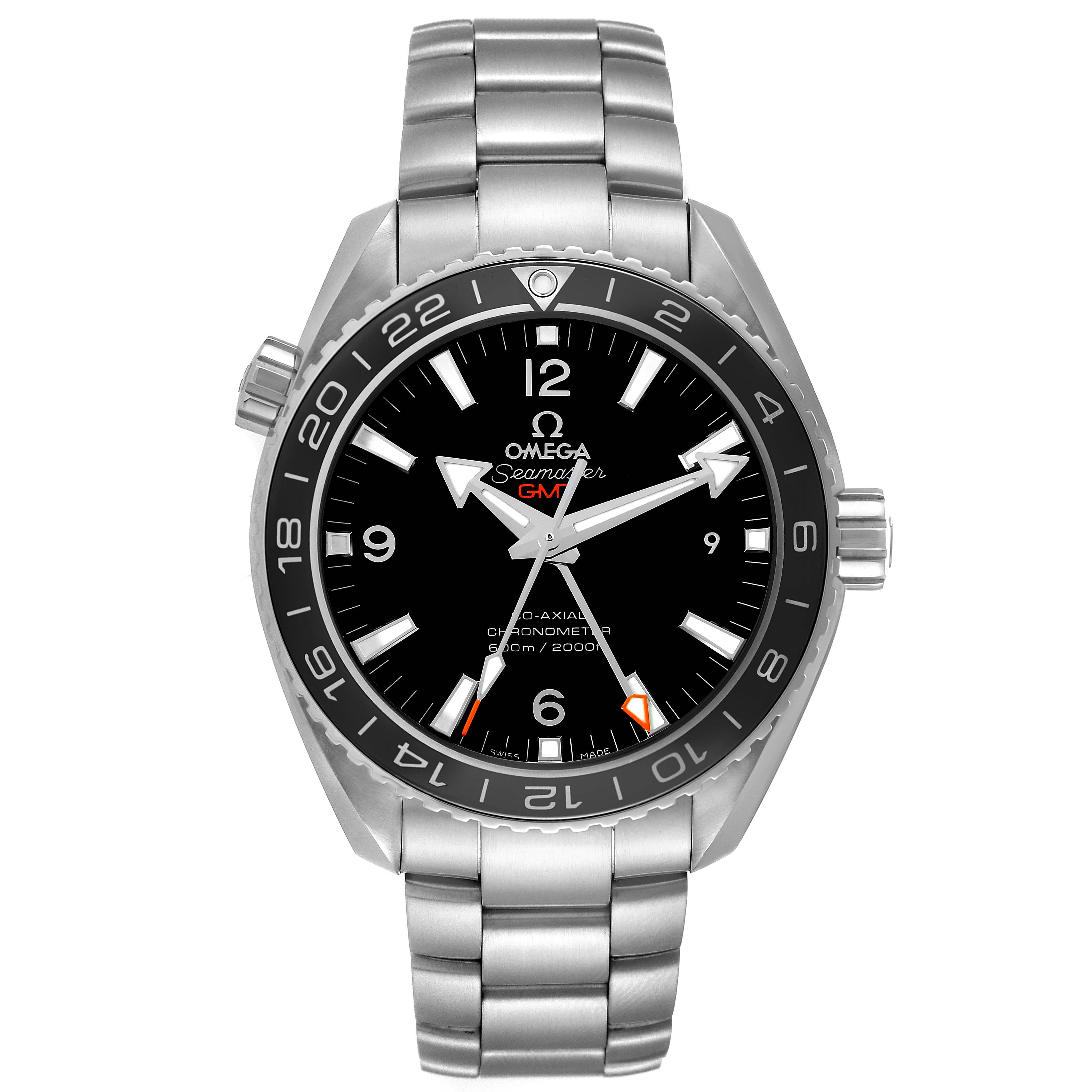 This image shows a frontal view of the Omega Planet Ocean 232.30.44.22.01.001 Men
s Stainless Steel Black Dial 232.30.44.22.01.001 Men
s Stainless Steel Black Dial model watch, displaying its dial, bezel, crown, and bracelet.
