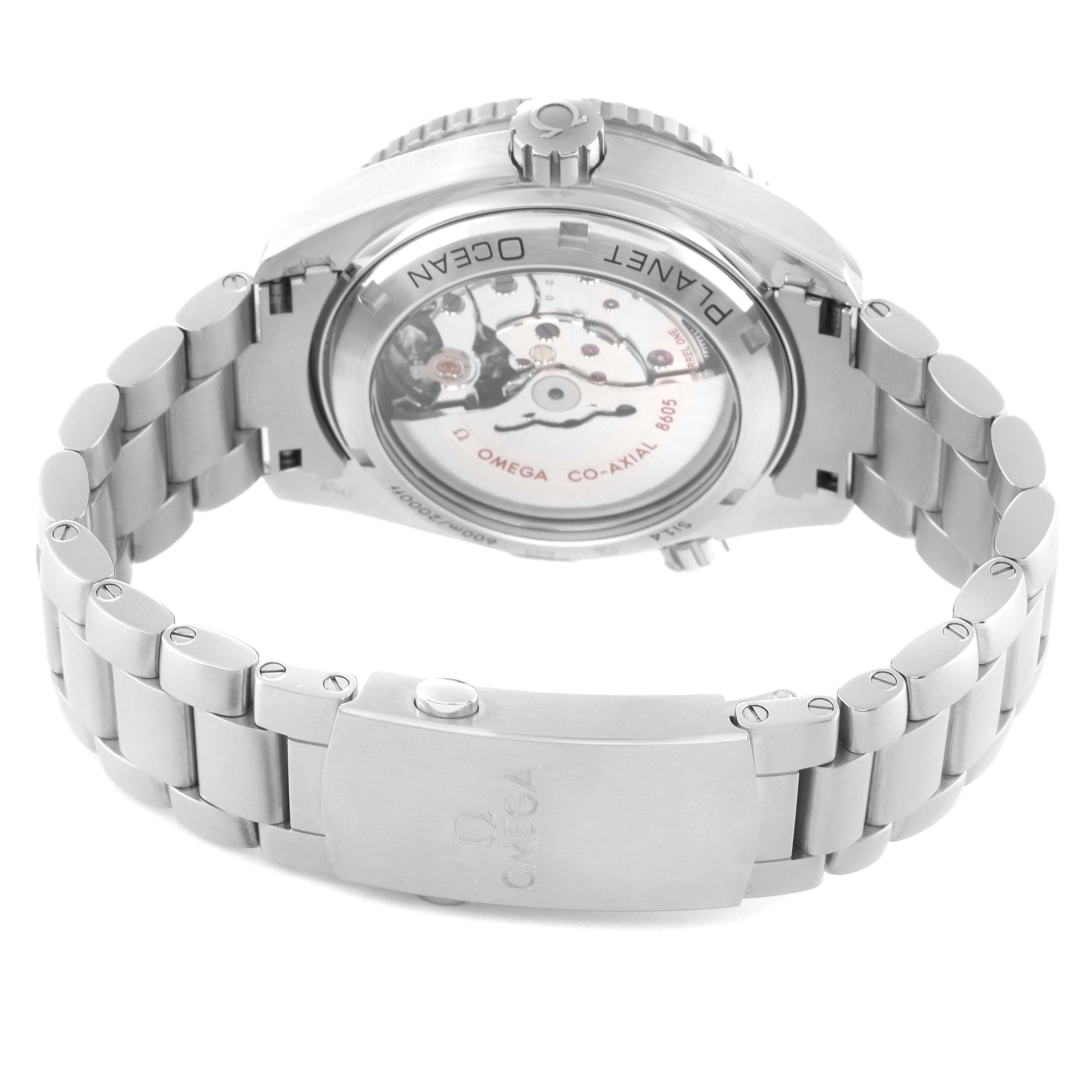 The image shows the back view of an Omega Planet Ocean 232.30.44.22.01.001 Men
s Stainless Steel Black Dial 232.30.44.22.01.001 Men
s Stainless Steel Black Dial watch, highlighting the case back and the stainless steel bracelet.