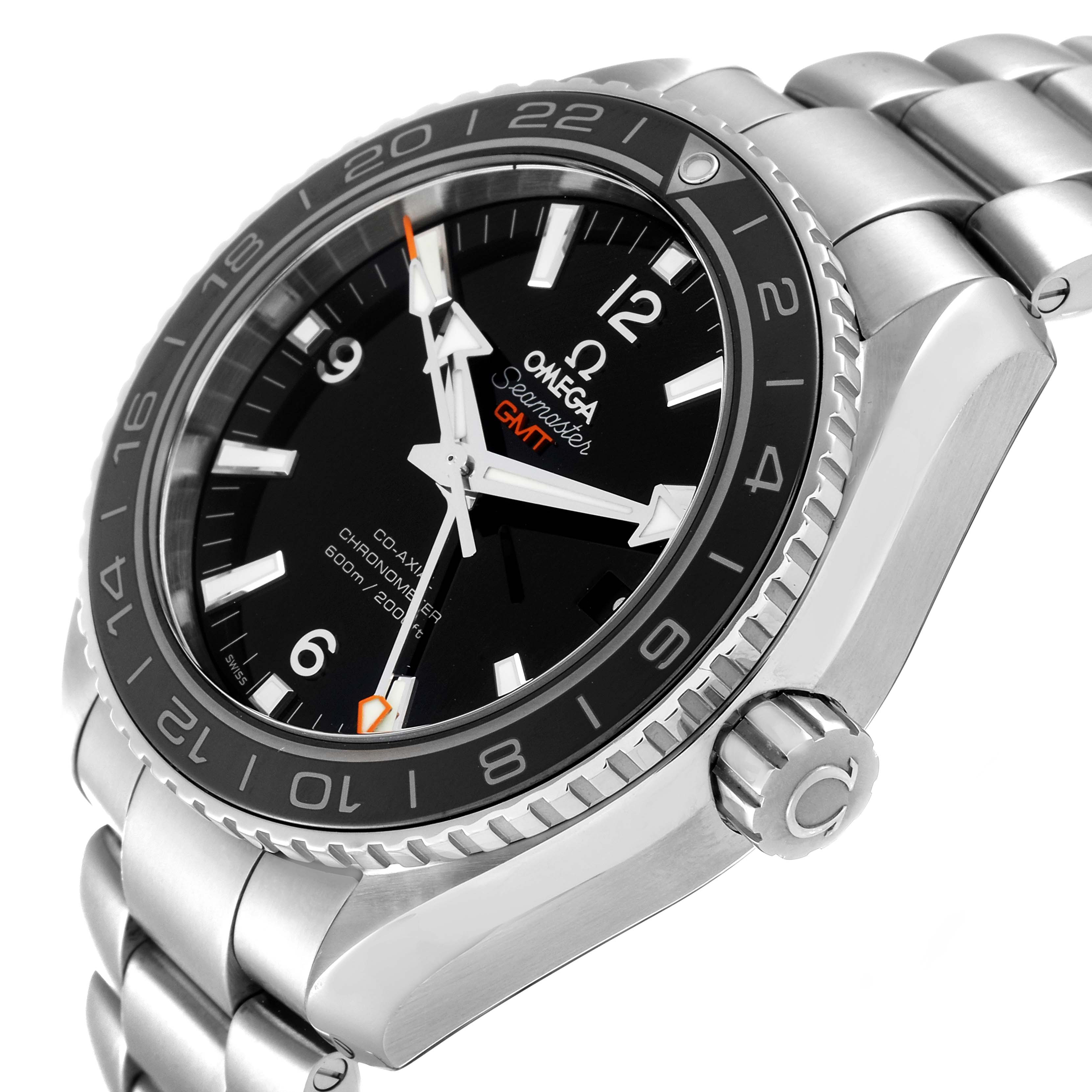 This image shows the Omega Planet Ocean 232.30.44.22.01.001 Men
s Stainless Steel Black Dial 232.30.44.22.01.001 Men
s Stainless Steel Black Dial watch at an angled view, highlighting the face, bezel, and part of the bracelet.