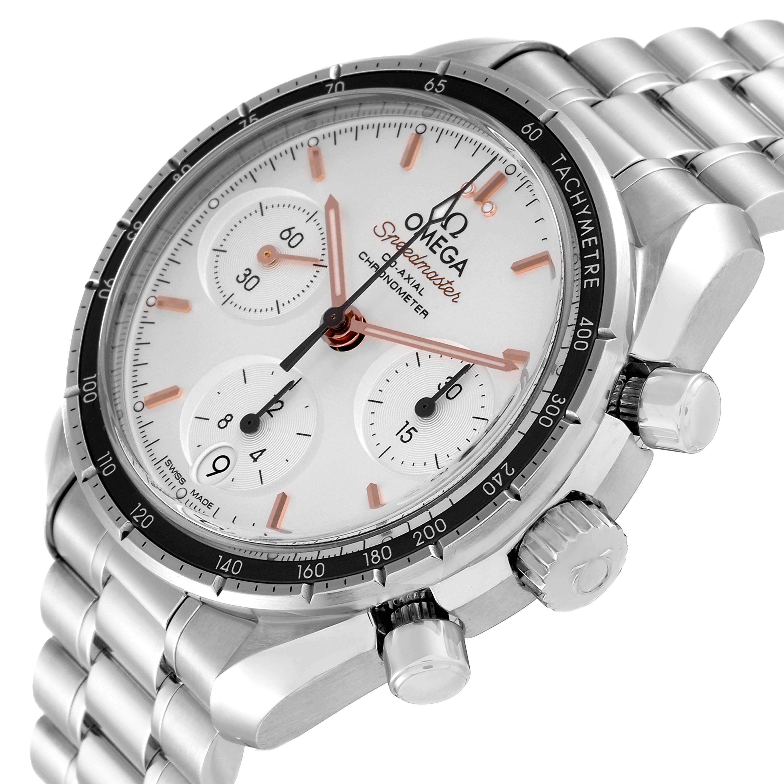 The image shows an Omega Speedmaster 324.30.38.50.02.001 Men's Stainless Steel Silver Dial 324.30.38.50.02.001 Men's Stainless Steel Silver Dial watch at a three-quarter angle, highlighting the dial, bezel, and bracelet.