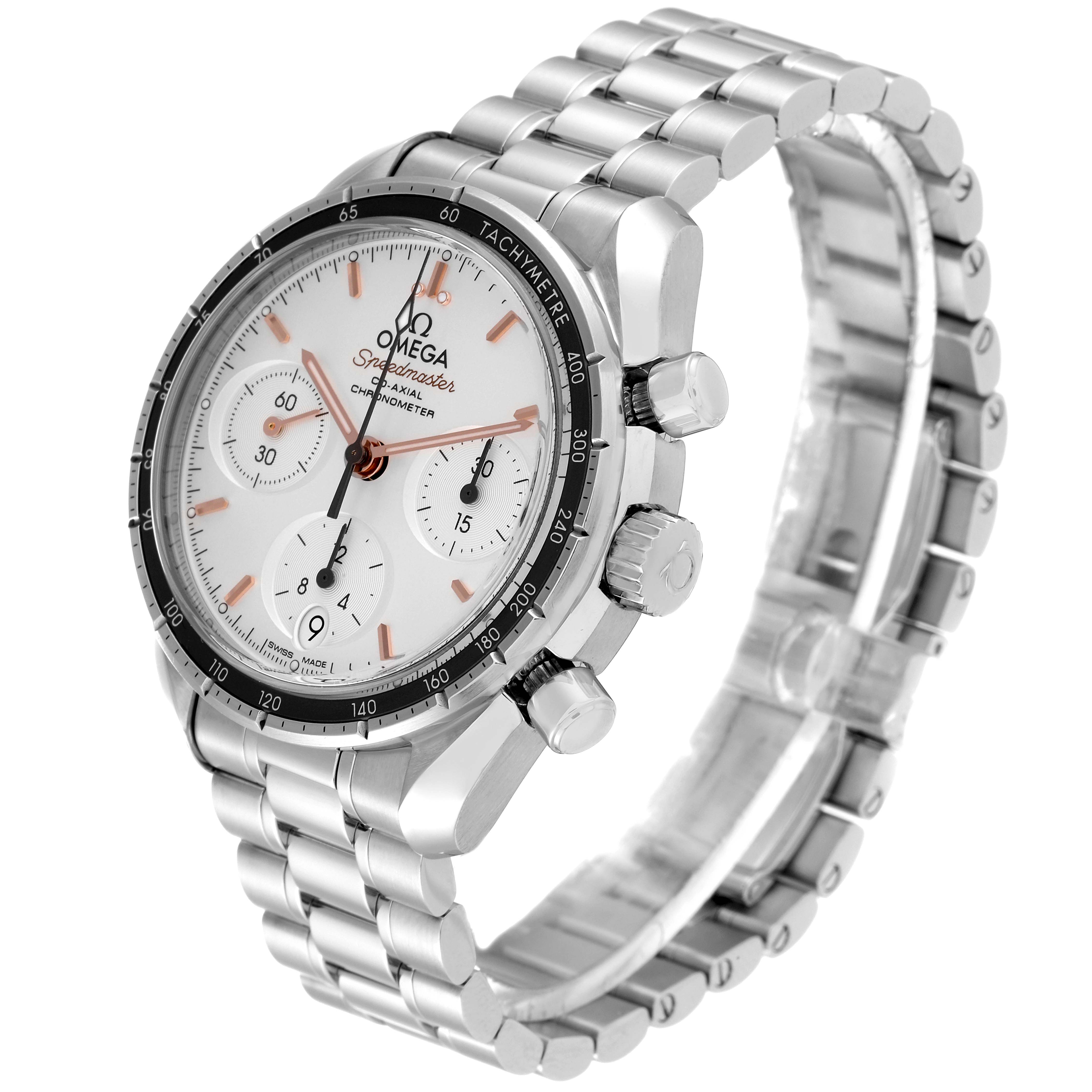The Omega Speedmaster 324.30.38.50.02.001 Men's Stainless Steel Silver Dial 324.30.38.50.02.001 Men's Stainless Steel Silver Dial watch is shown at a three-quarter angle, displaying its face, bezel, and bracelet.