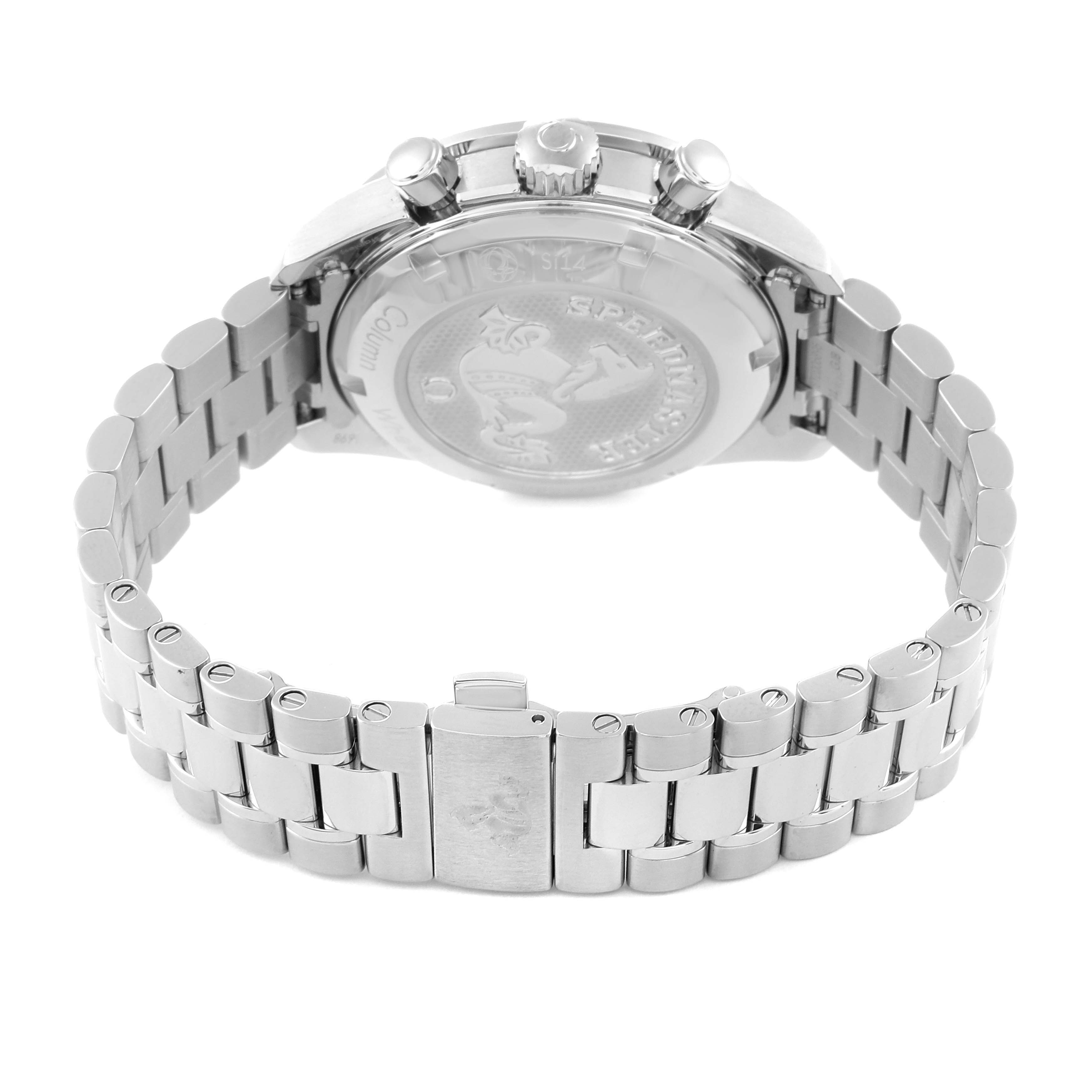 The image shows the back case, bracelet, and clasp of an Omega Speedmaster 324.30.38.50.02.001 Men's Stainless Steel Silver Dial 324.30.38.50.02.001 Men's Stainless Steel Silver Dial watch from a rear angle.