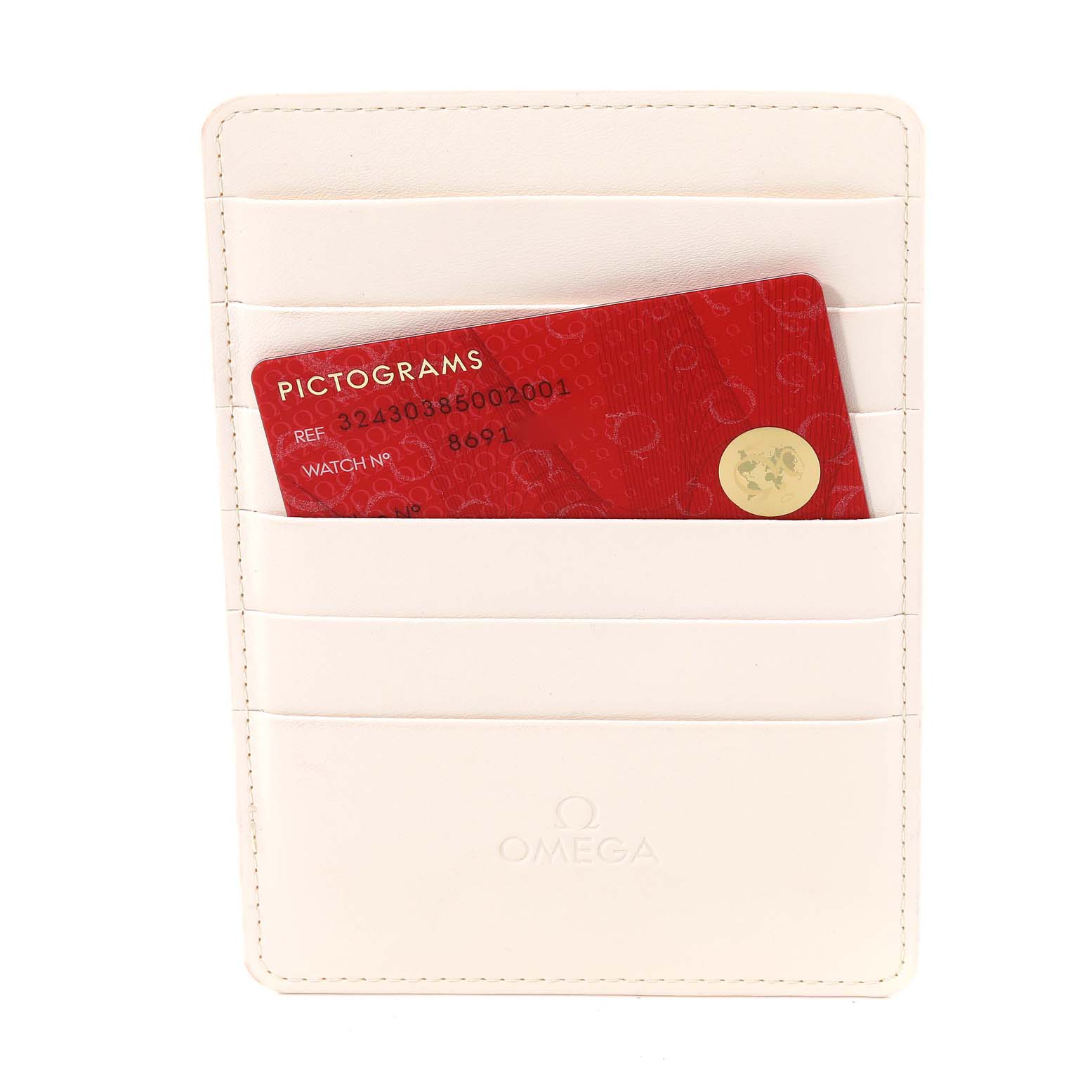 This image shows an Omega Speedmaster 324.30.38.50.02.001 Men's Stainless Steel Silver Dial 324.30.38.50.02.001 Men's Stainless Steel Silver Dial warranty card and holder viewed from the front.