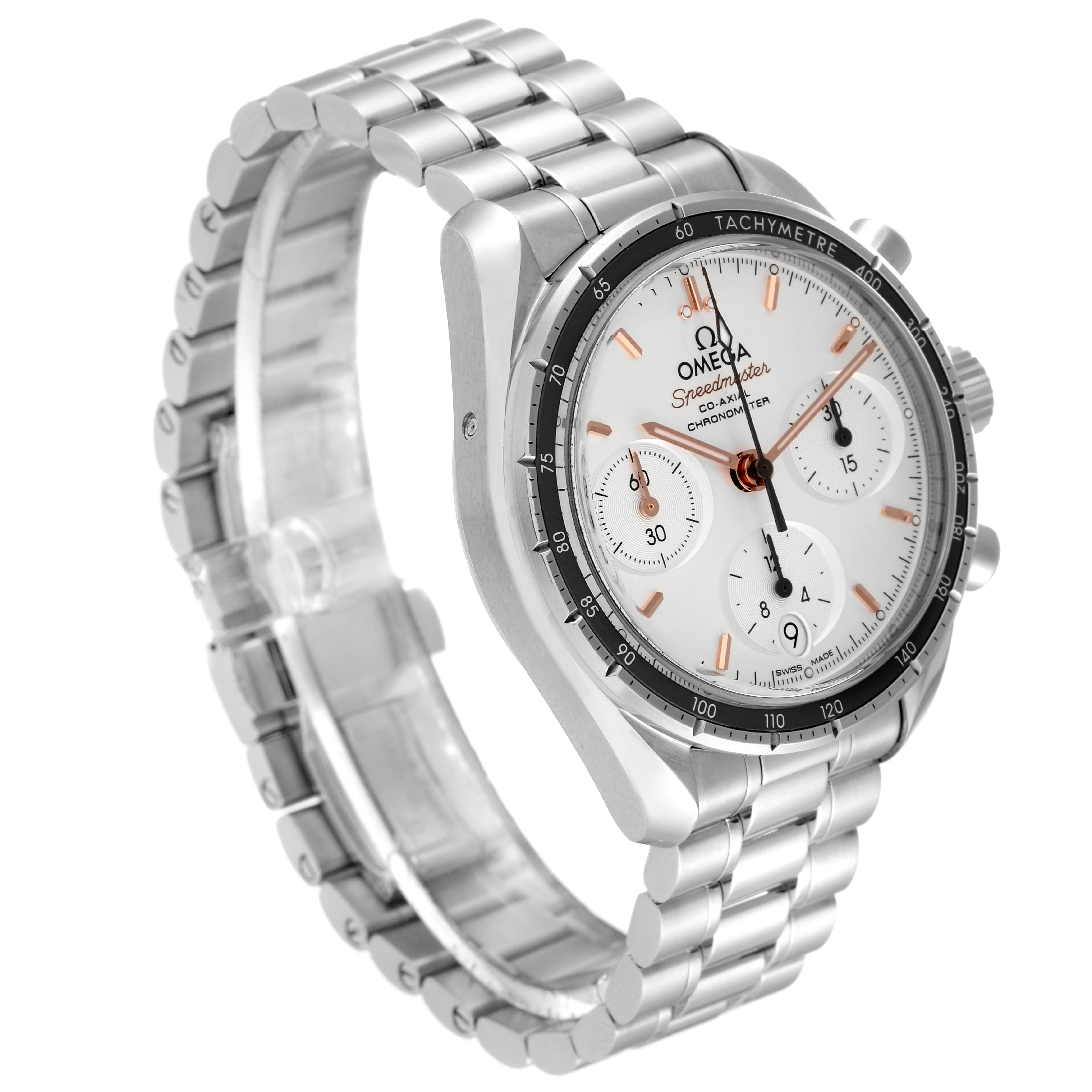 The Omega Speedmaster 324.30.38.50.02.001 Men's Stainless Steel Silver Dial 324.30.38.50.02.001 Men's Stainless Steel Silver Dial watch is shown at an oblique angle, highlighting its face, bezel, and stainless steel bracelet.