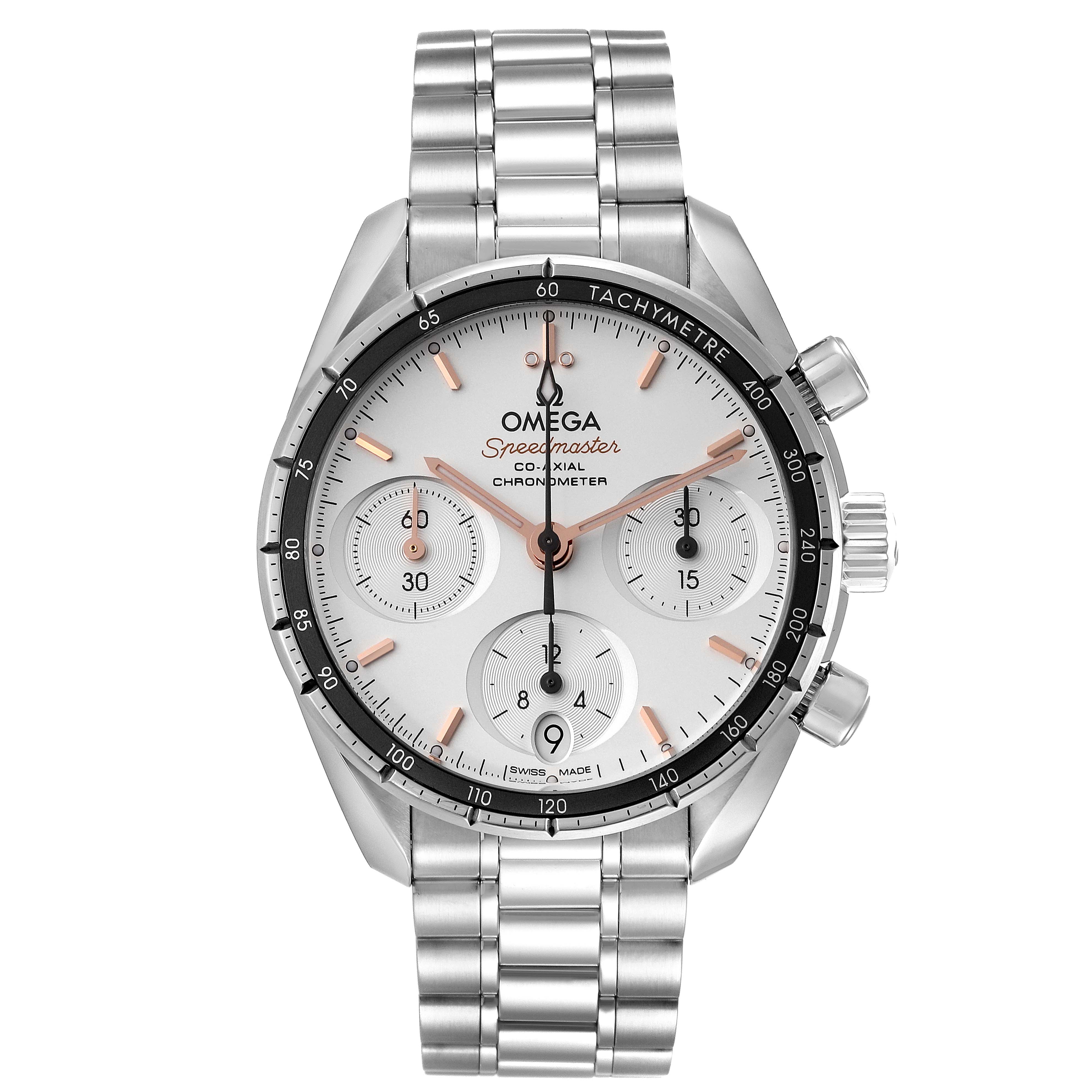 The image shows a front view of the Omega Speedmaster 324.30.38.50.02.001 Men's Stainless Steel Silver Dial 324.30.38.50.02.001 Men's Stainless Steel Silver Dial watch, highlighting its dials, tachymeter, and metal bracelet.