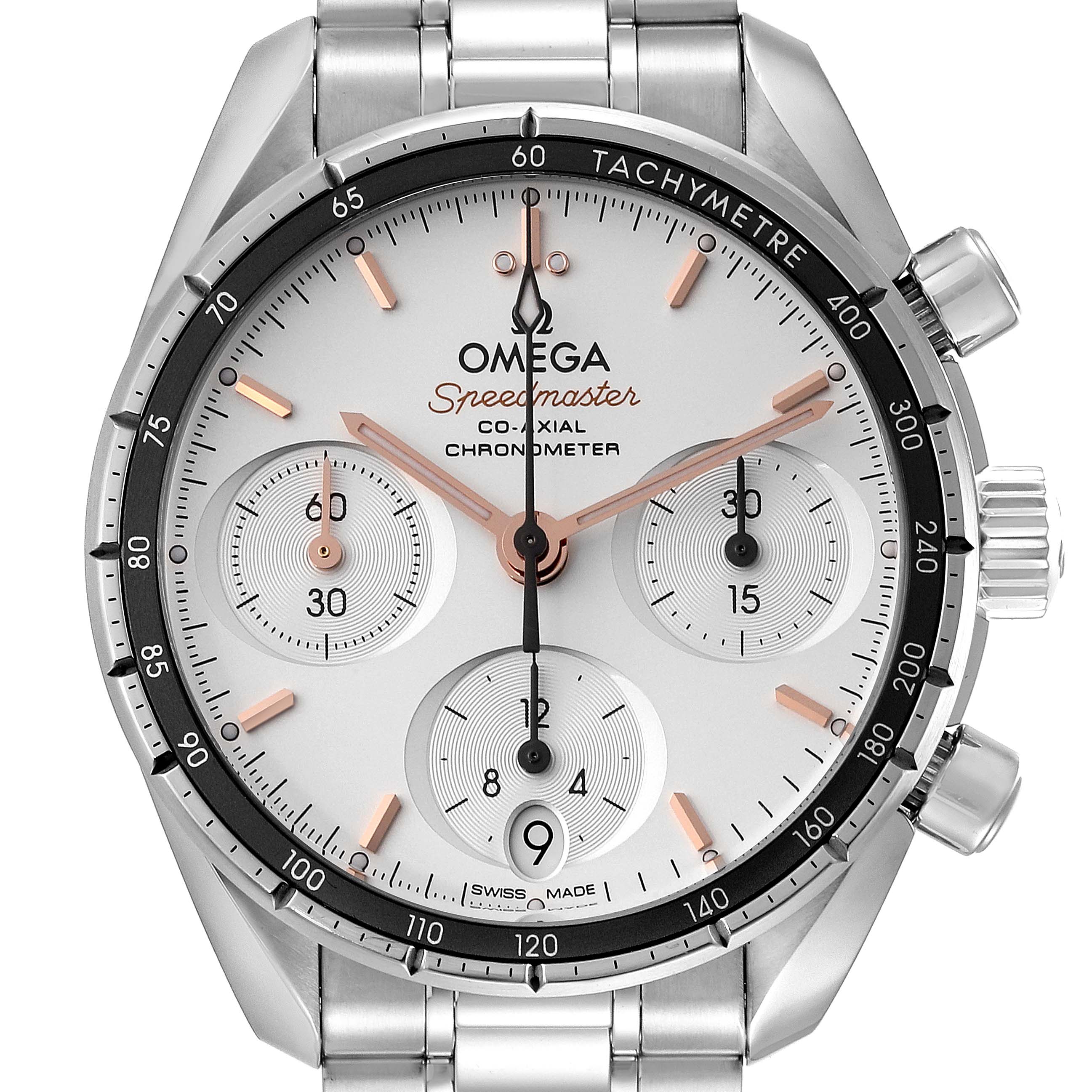 The image shows a close-up of the dial and bezel of an Omega Speedmaster 324.30.38.50.02.001 Men's Stainless Steel Silver Dial 324.30.38.50.02.001 Men's Stainless Steel Silver Dial watch.