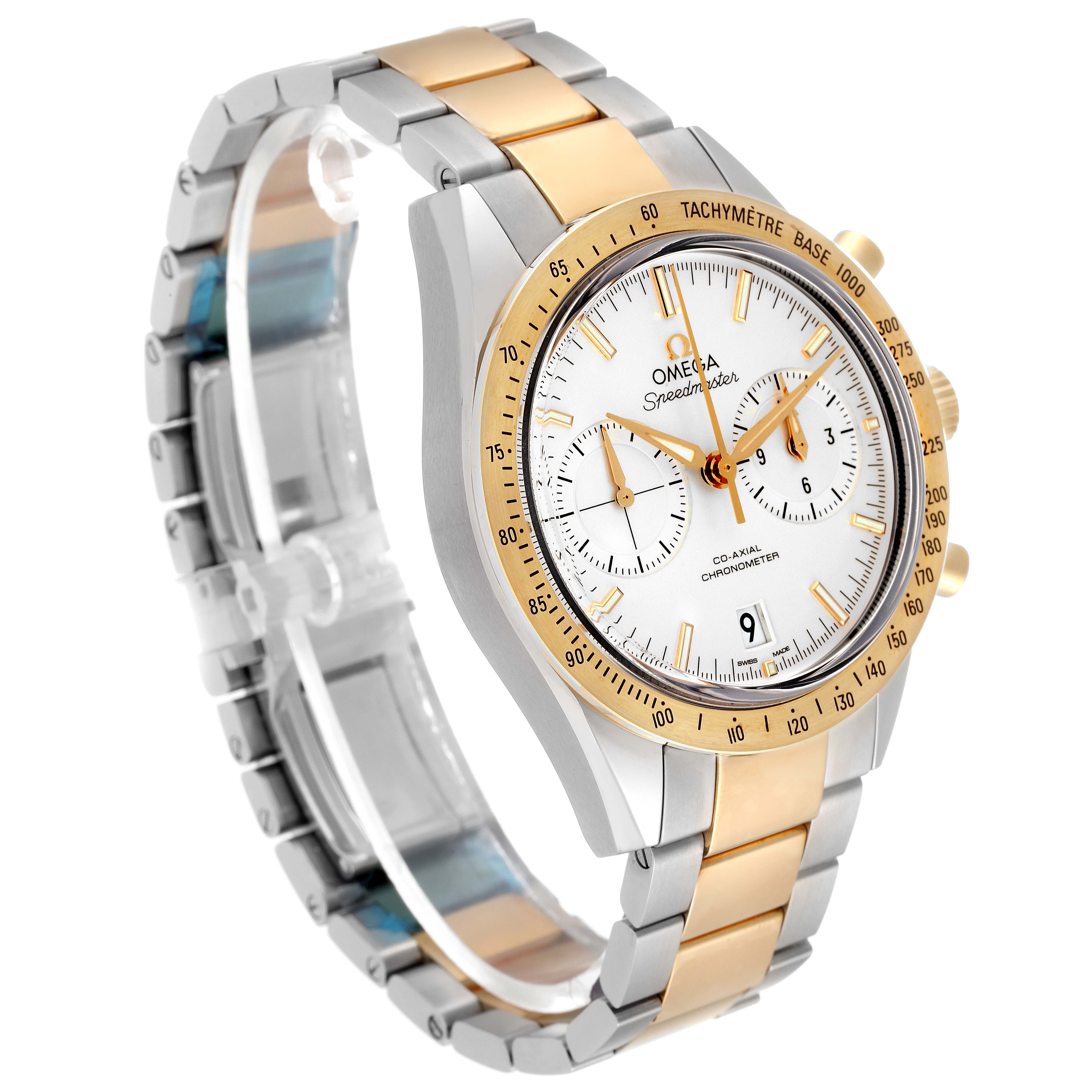 This image shows an Omega Speedmaster 331.20.42.51.02.001 Men's Steel and Gold (two tone) Silver Dial 331.20.42.51.02.001 Men's Steel and Gold (two tone) Silver Dial watch at a three-quarter angle, highlighting its bezel, crown, and stainless steel and gold bracelet.