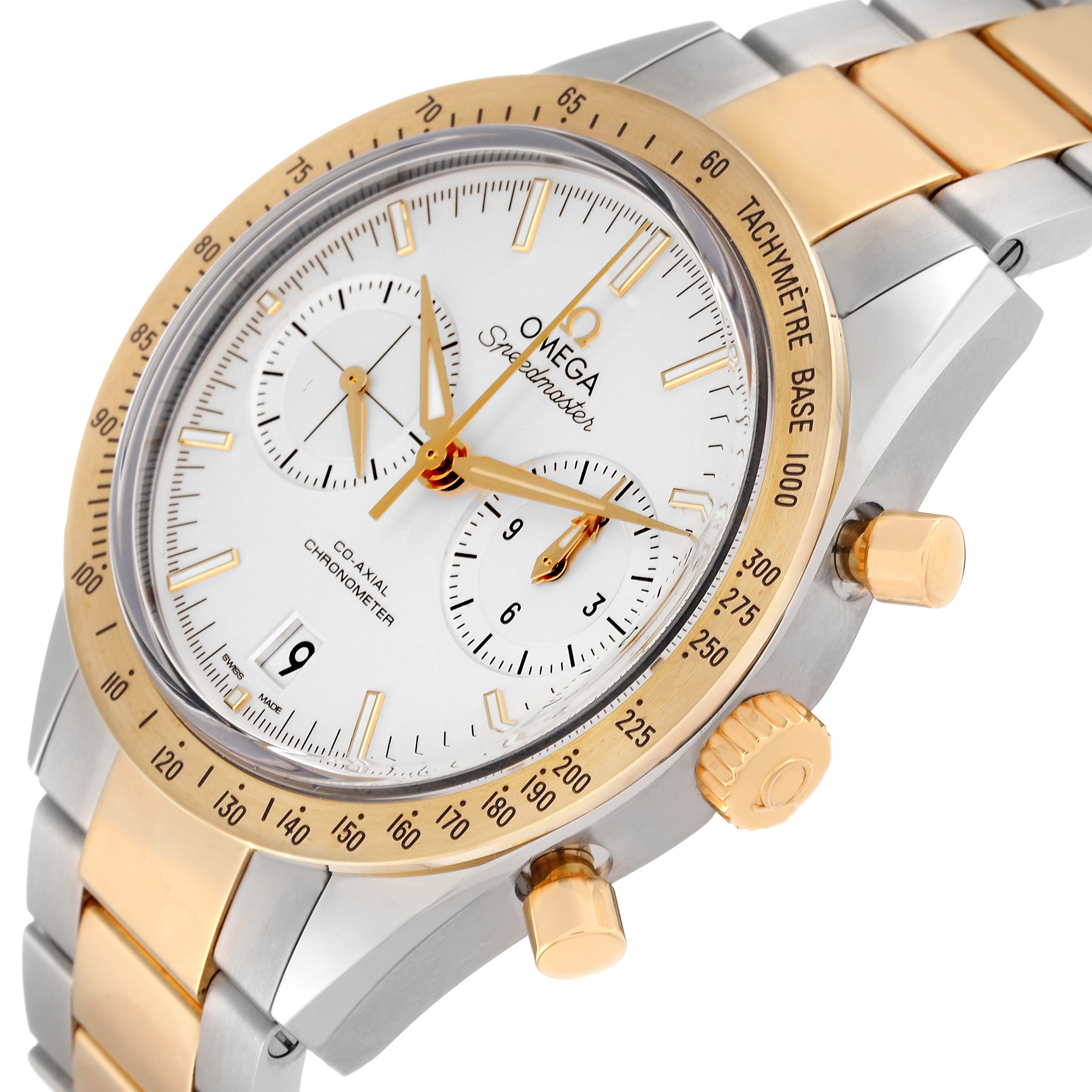 This image shows an angled close-up of the Omega Speedmaster 331.20.42.51.02.001 Men's Steel and Gold (two tone) Silver Dial 331.20.42.51.02.001 Men's Steel and Gold (two tone) Silver Dial watch, highlighting its dial, tachymeter bezel, pushers, crown, and bracelet.