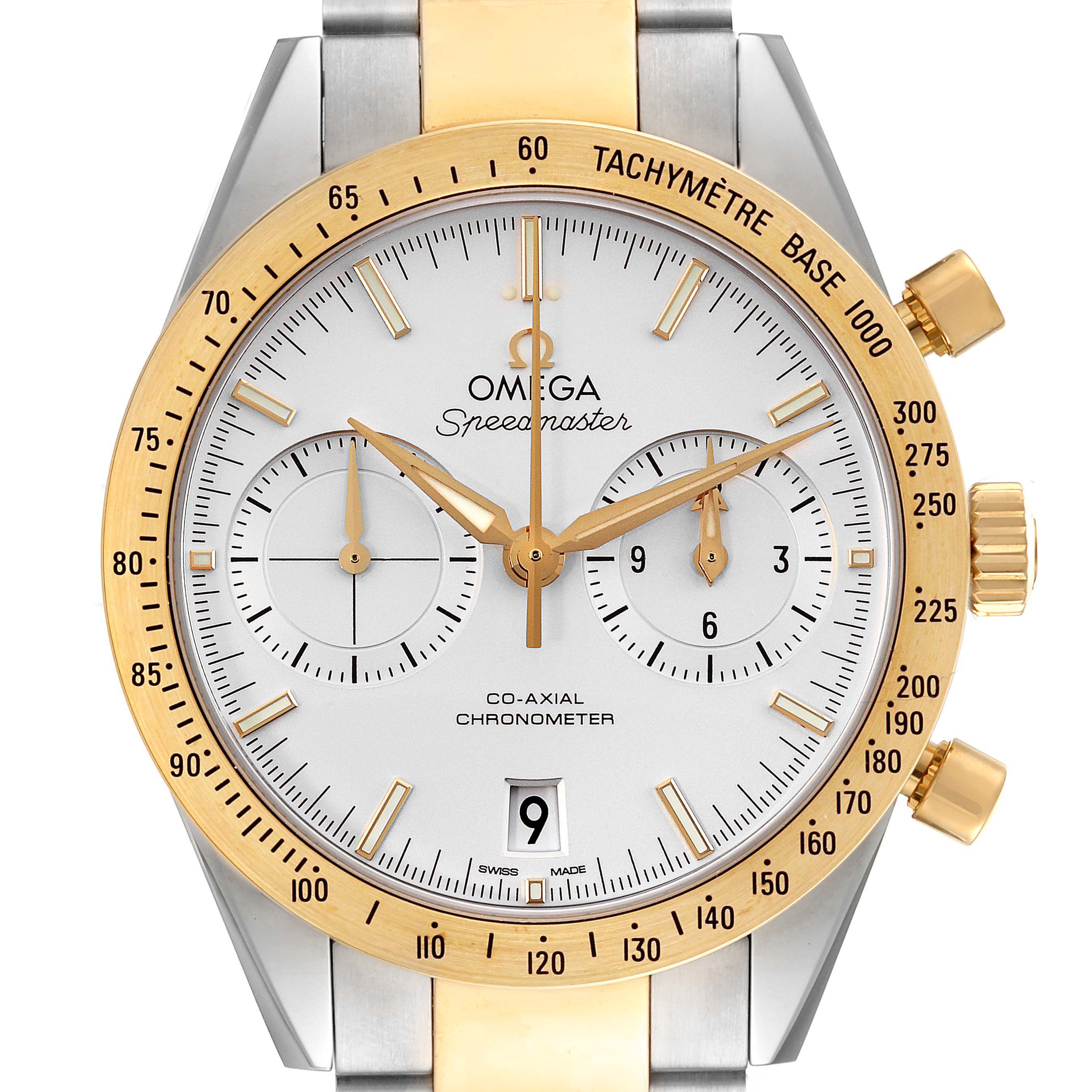 The image shows a front view of the Omega Speedmaster 331.20.42.51.02.001 Men's Steel and Gold (two tone) Silver Dial 331.20.42.51.02.001 Men's Steel and Gold (two tone) Silver Dial, highlighting the dial, tachymeter, buttons, and part of the bracelet.