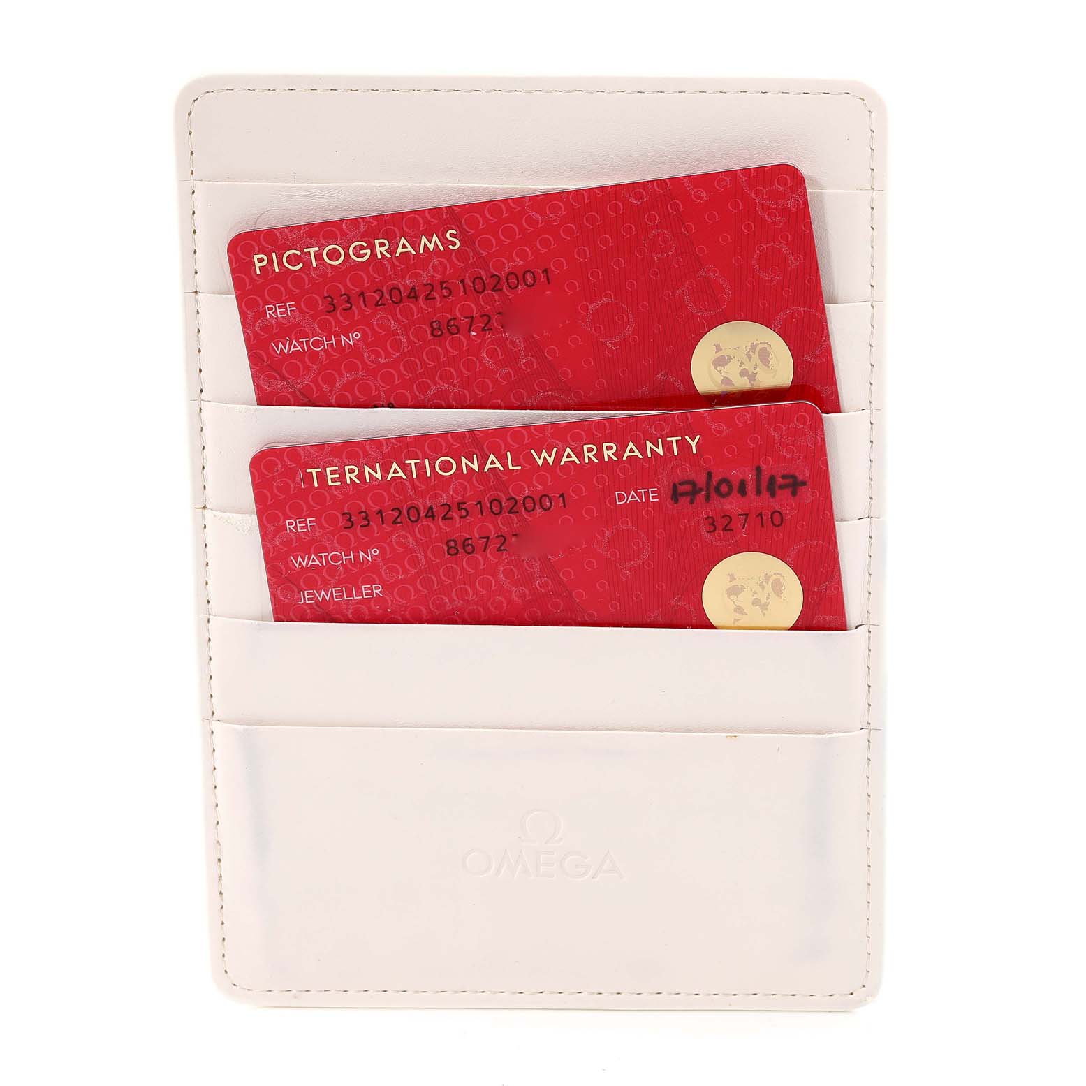 The image shows warranty and pictogram cards for an Omega Speedmaster 331.20.42.51.02.001 Men's Steel and Gold (two tone) Silver Dial 331.20.42.51.02.001 Men's Steel and Gold (two tone) Silver Dial watch, held in a white cardholder.