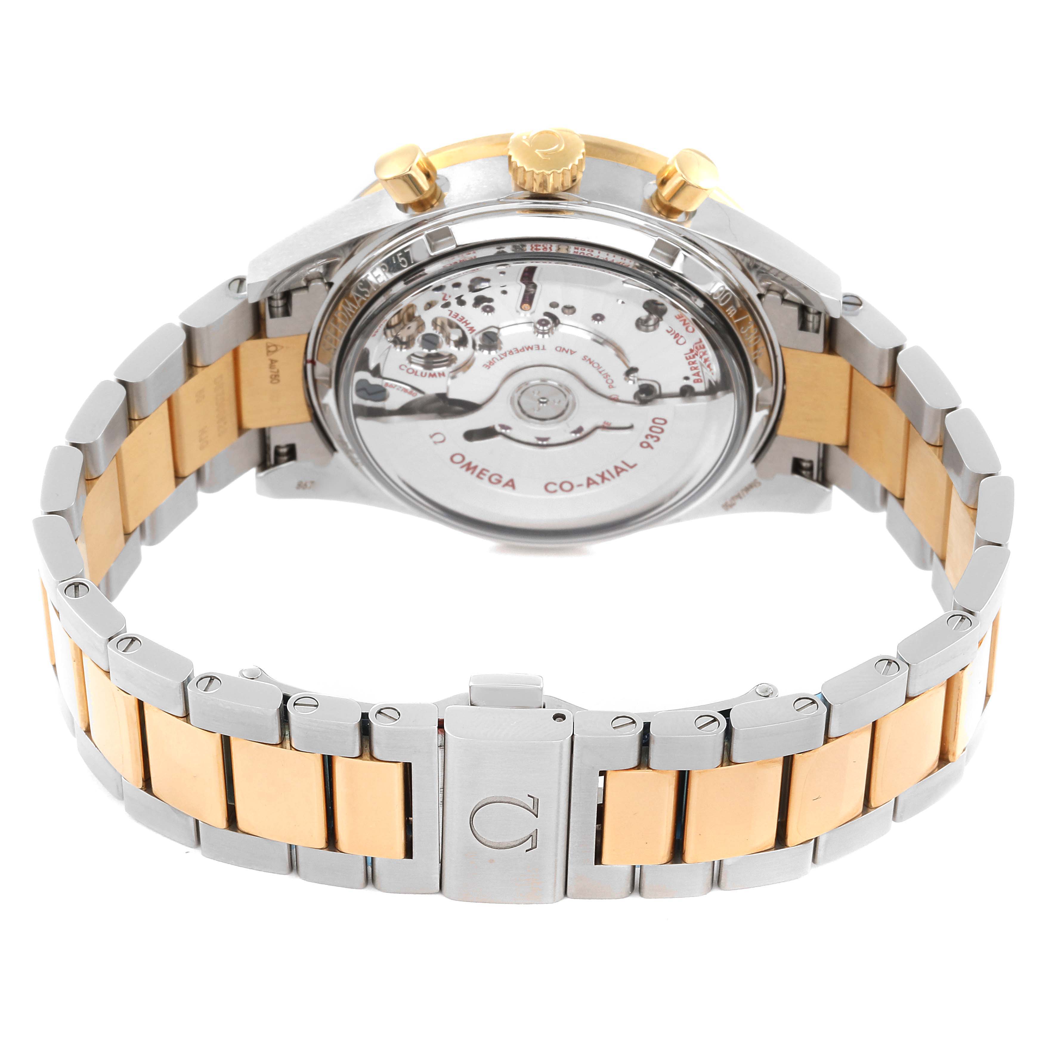 The image shows the back view of the Omega Speedmaster 331.20.42.51.02.001 Men's Steel and Gold (two tone) Silver Dial 331.20.42.51.02.001 Men's Steel and Gold (two tone) Silver Dial watch, highlighting the transparent case back and the bracelet with clasp.