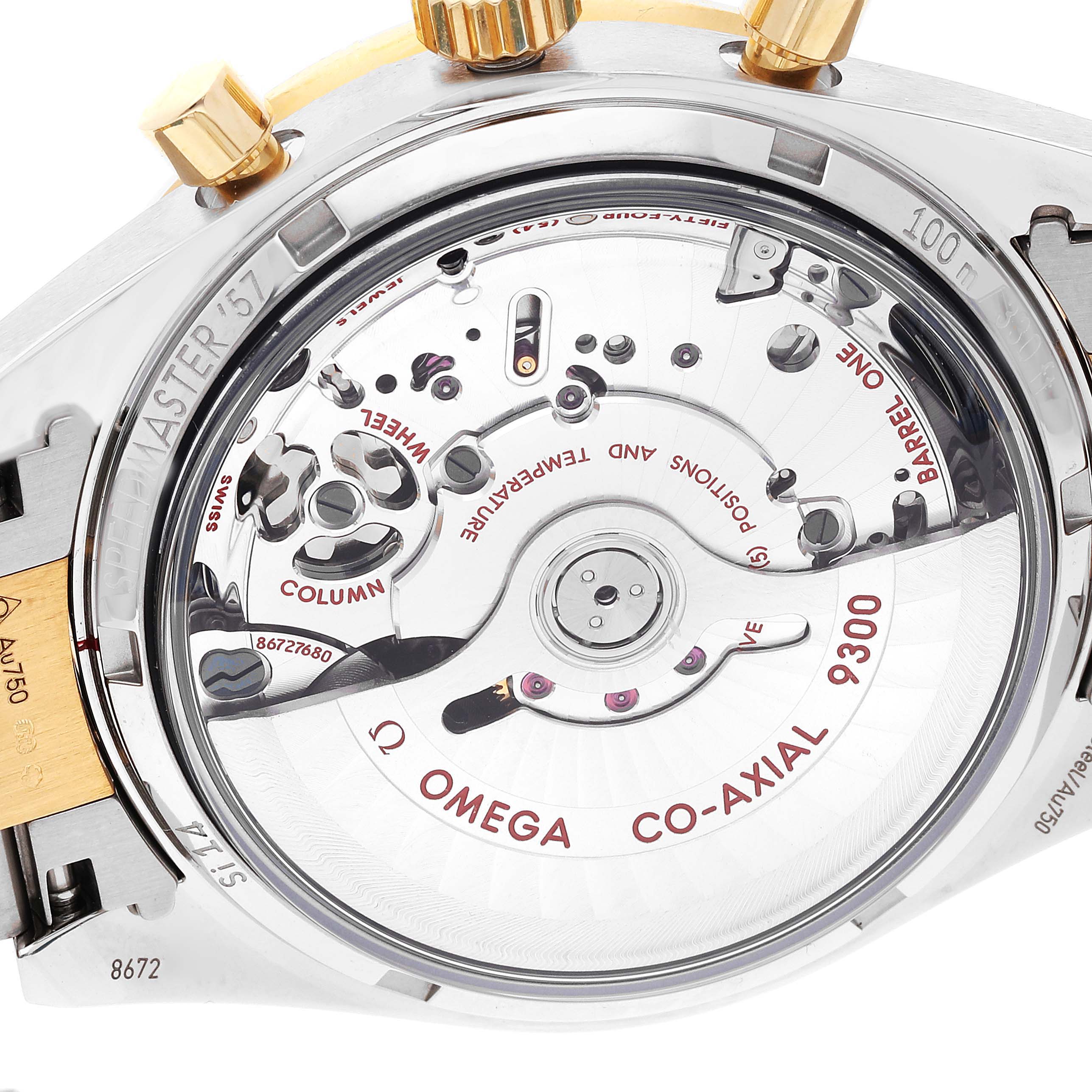 The image shows the back view of an Omega Speedmaster 331.20.42.51.02.001 Men's Steel and Gold (two tone) Silver Dial 331.20.42.51.02.001 Men's Steel and Gold (two tone) Silver Dial watch, highlighting the intricate details of the Co-Axial 9300 movement.