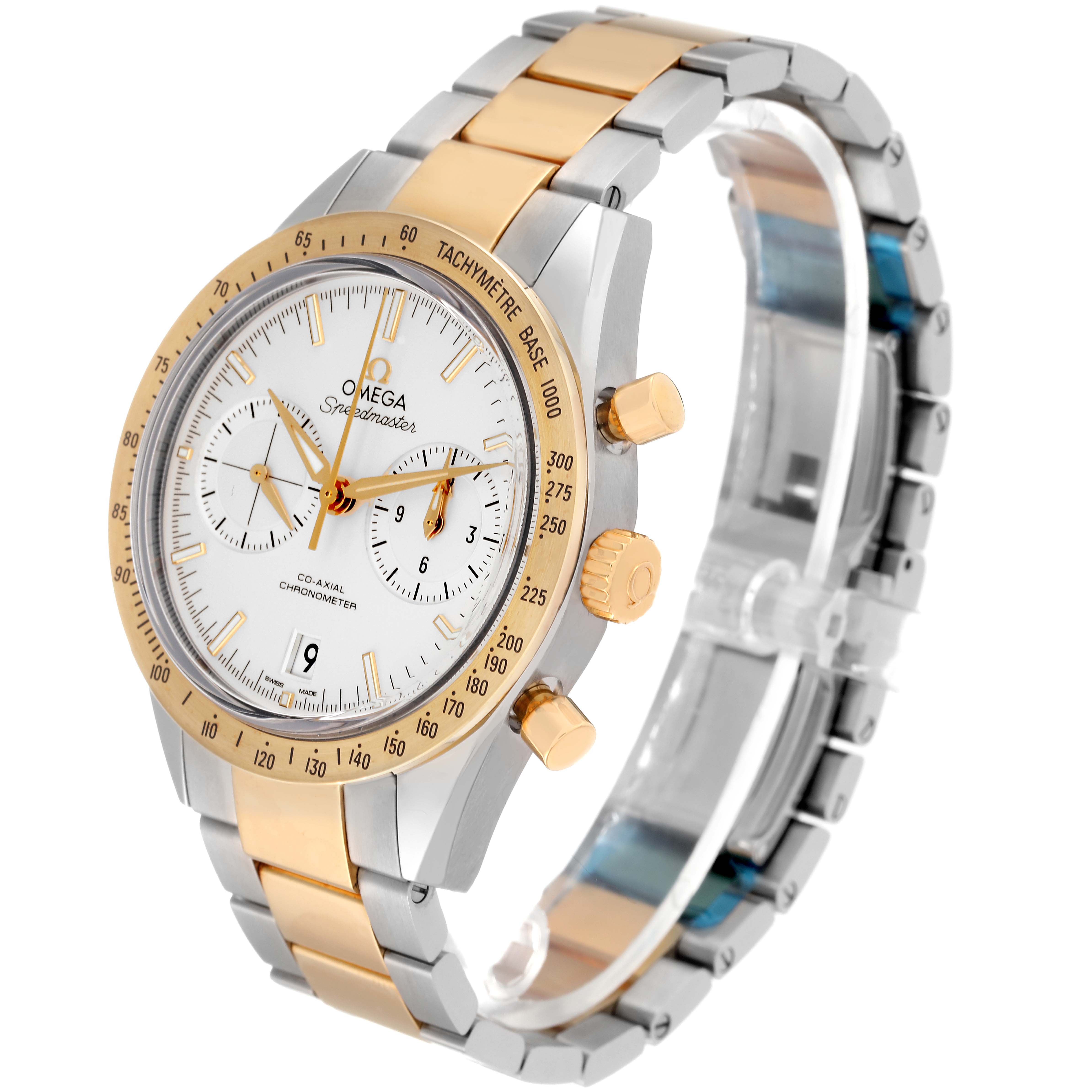 The Omega Speedmaster 331.20.42.51.02.001 Men's Steel and Gold (two tone) Silver Dial 331.20.42.51.02.001 Men's Steel and Gold (two tone) Silver Dial watch is shown at a three-quarter angle, highlighting the dial, bezel, and bracelet.