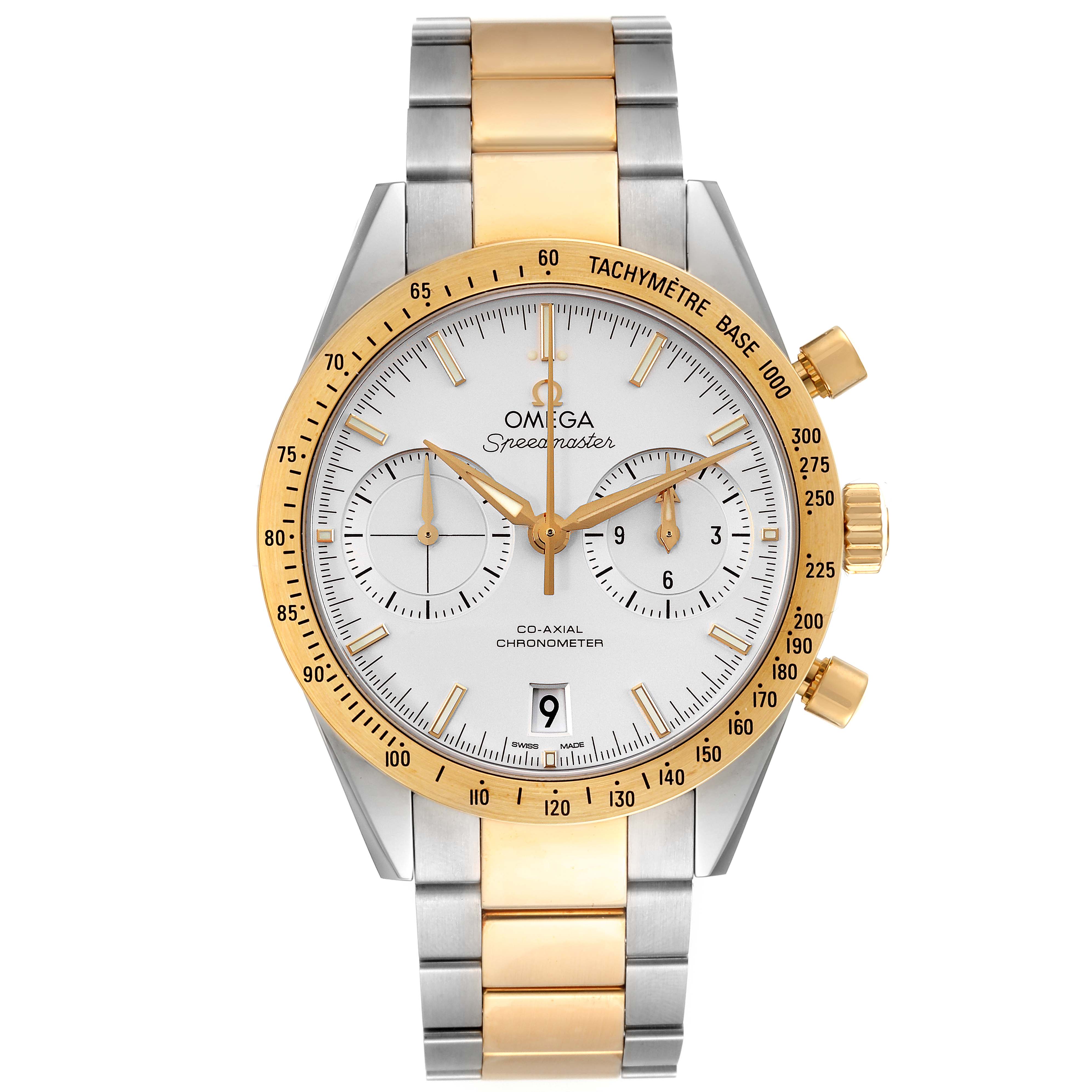The image shows a frontal view of an Omega Speedmaster 331.20.42.51.02.001 Men's Steel and Gold (two tone) Silver Dial 331.20.42.51.02.001 Men's Steel and Gold (two tone) Silver Dial watch with a two-tone bracelet and gold tachymeter bezel.