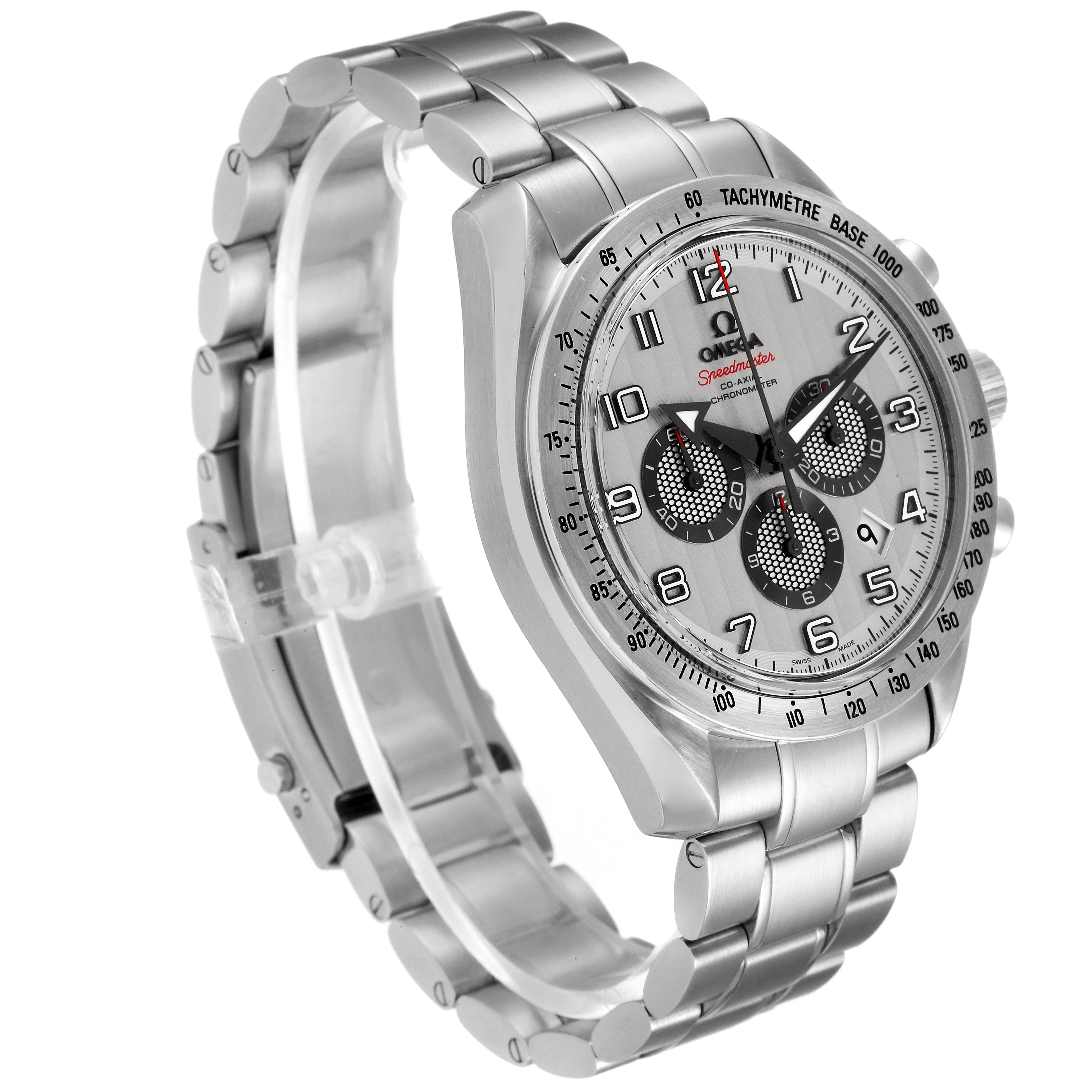 The image shows an Omega Speedmaster 321.10.44.50.02.001 Men
s Stainless Steel Silver Dial 321.10.44.50.02.001 Men
s Stainless Steel Silver Dial watch at a three-quarter angle, highlighting the face, strap, and tachymeter bezel.
