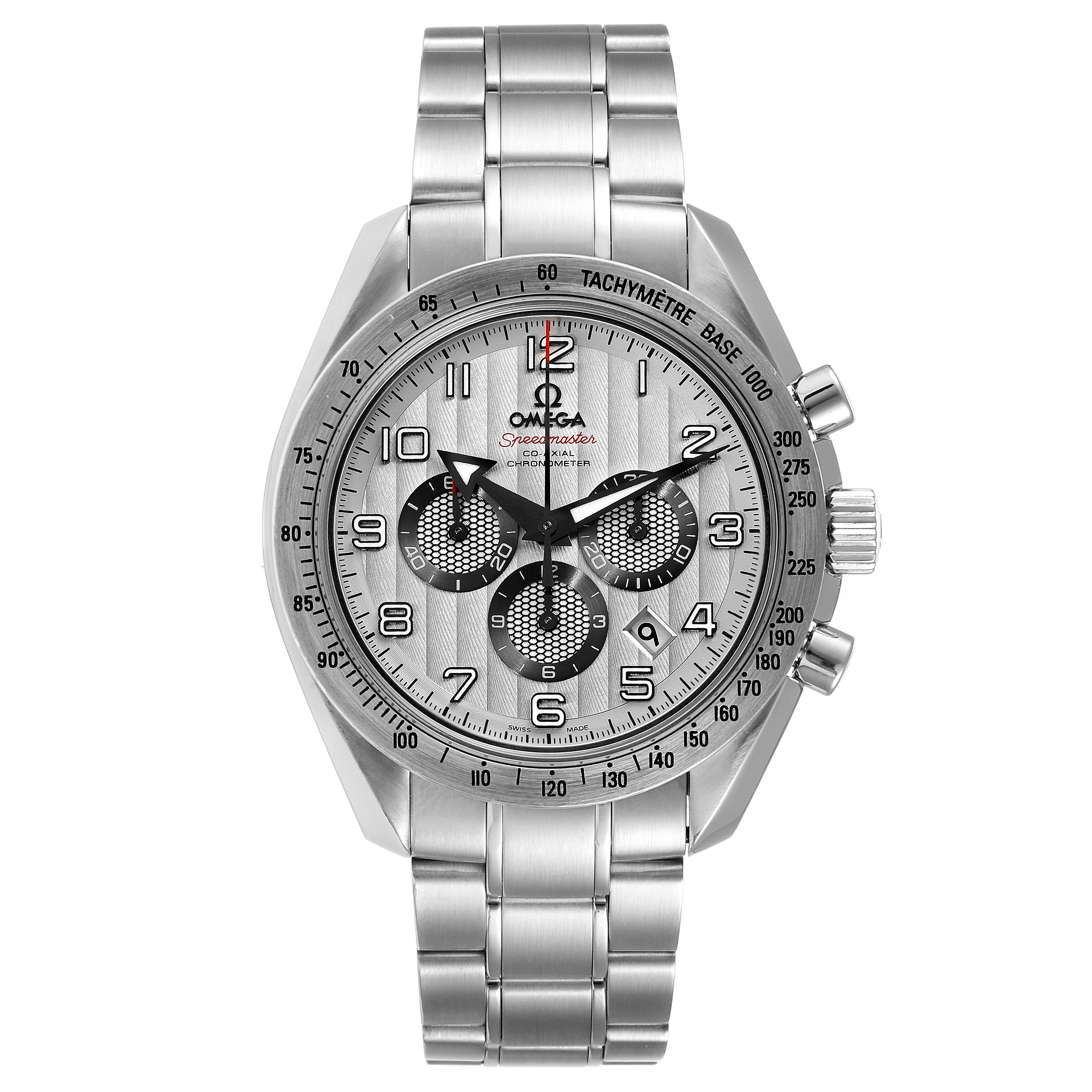 The image shows a front view of an Omega Speedmaster 321.10.44.50.02.001 Men
s Stainless Steel Silver Dial 321.10.44.50.02.001 Men
s Stainless Steel Silver Dial watch, including its bracelet, dial, bezel, and pushers.