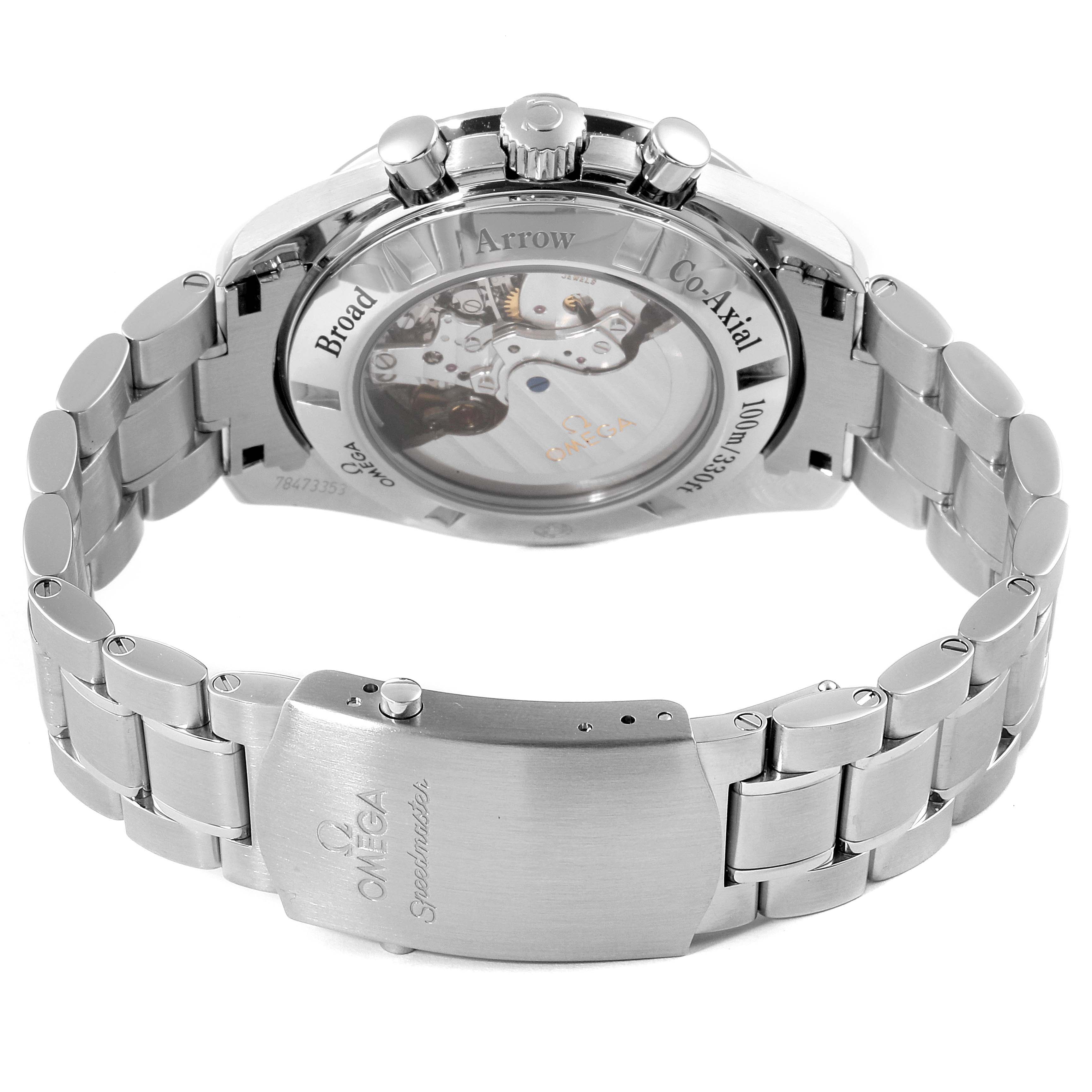 The image shows a rear view of the Omega Speedmaster 321.10.44.50.02.001 Men
s Stainless Steel Silver Dial 321.10.44.50.02.001 Men
s Stainless Steel Silver Dial, highlighting its transparent case back and stainless steel bracelet with clasp.