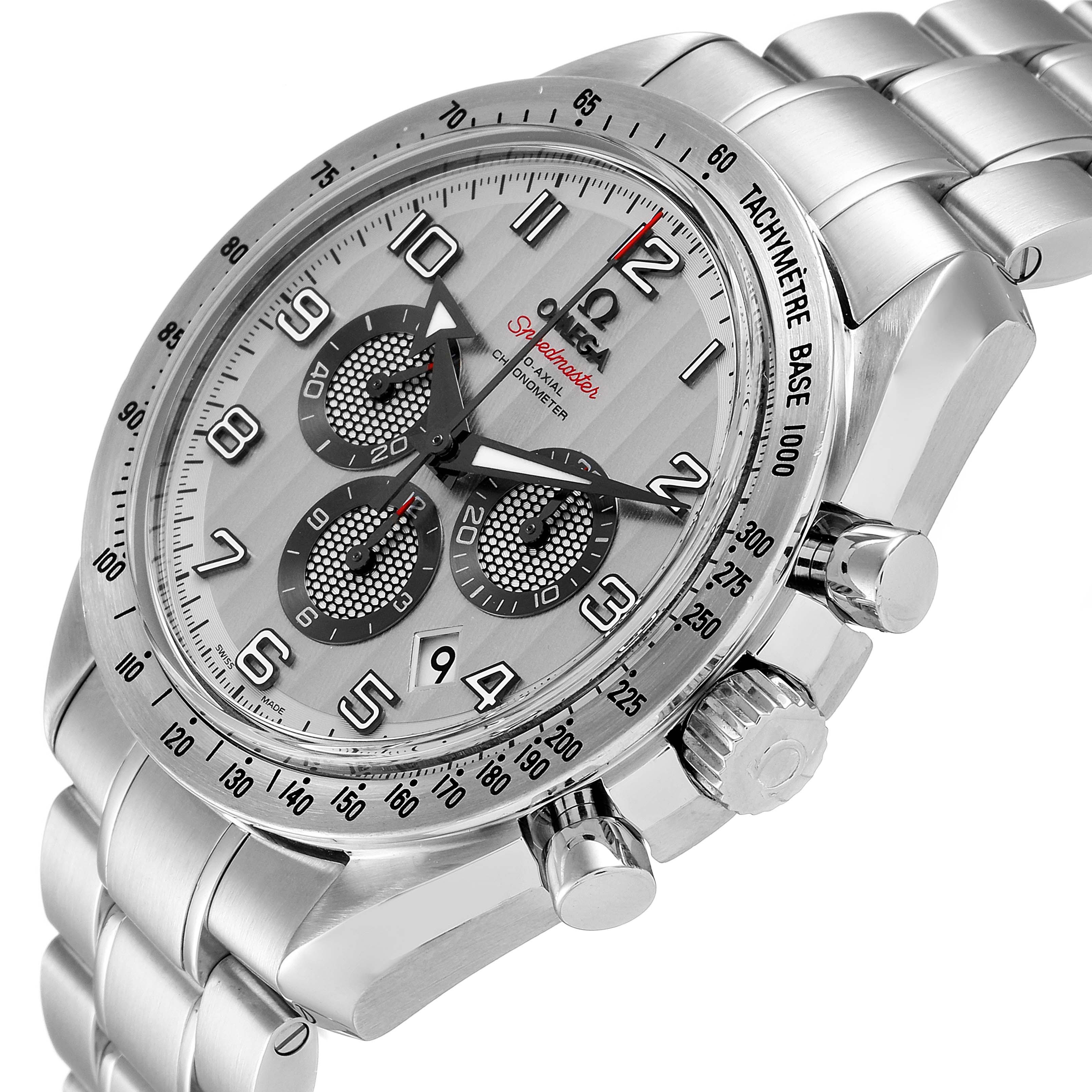 The image shows a side and front angle of the Omega Speedmaster 321.10.44.50.02.001 Men
s Stainless Steel Silver Dial 321.10.44.50.02.001 Men
s Stainless Steel Silver Dial watch, highlighting its dial, bezel, and bracelet.