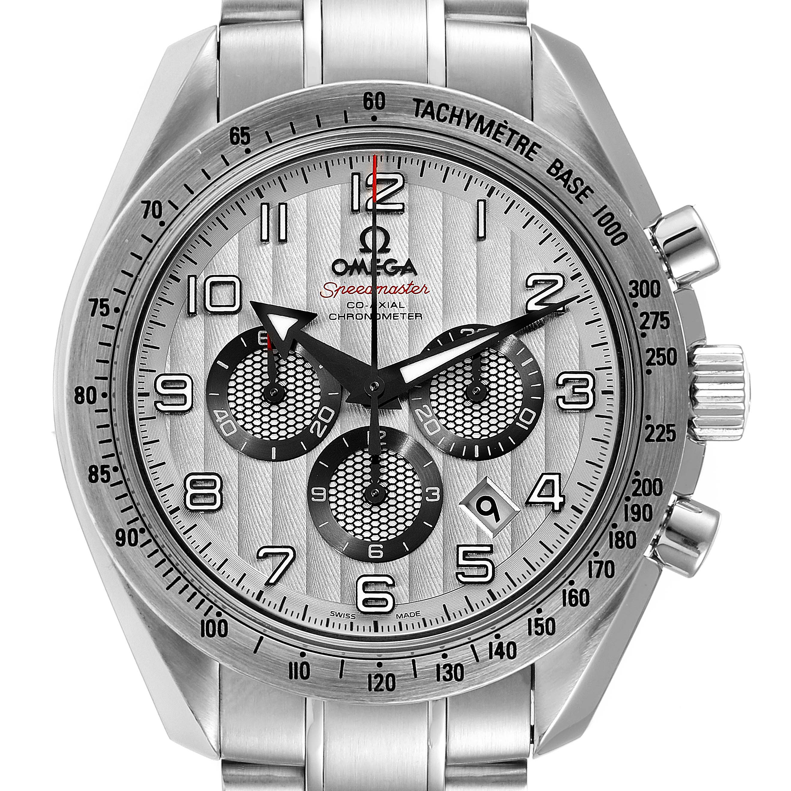 The image shows a front view of an Omega Speedmaster 321.10.44.50.02.001 Men
s Stainless Steel Silver Dial 321.10.44.50.02.001 Men
s Stainless Steel Silver Dial watch, highlighting its dial, chronograph subdials, tachymeter bezel, and stainless steel bracelet.
