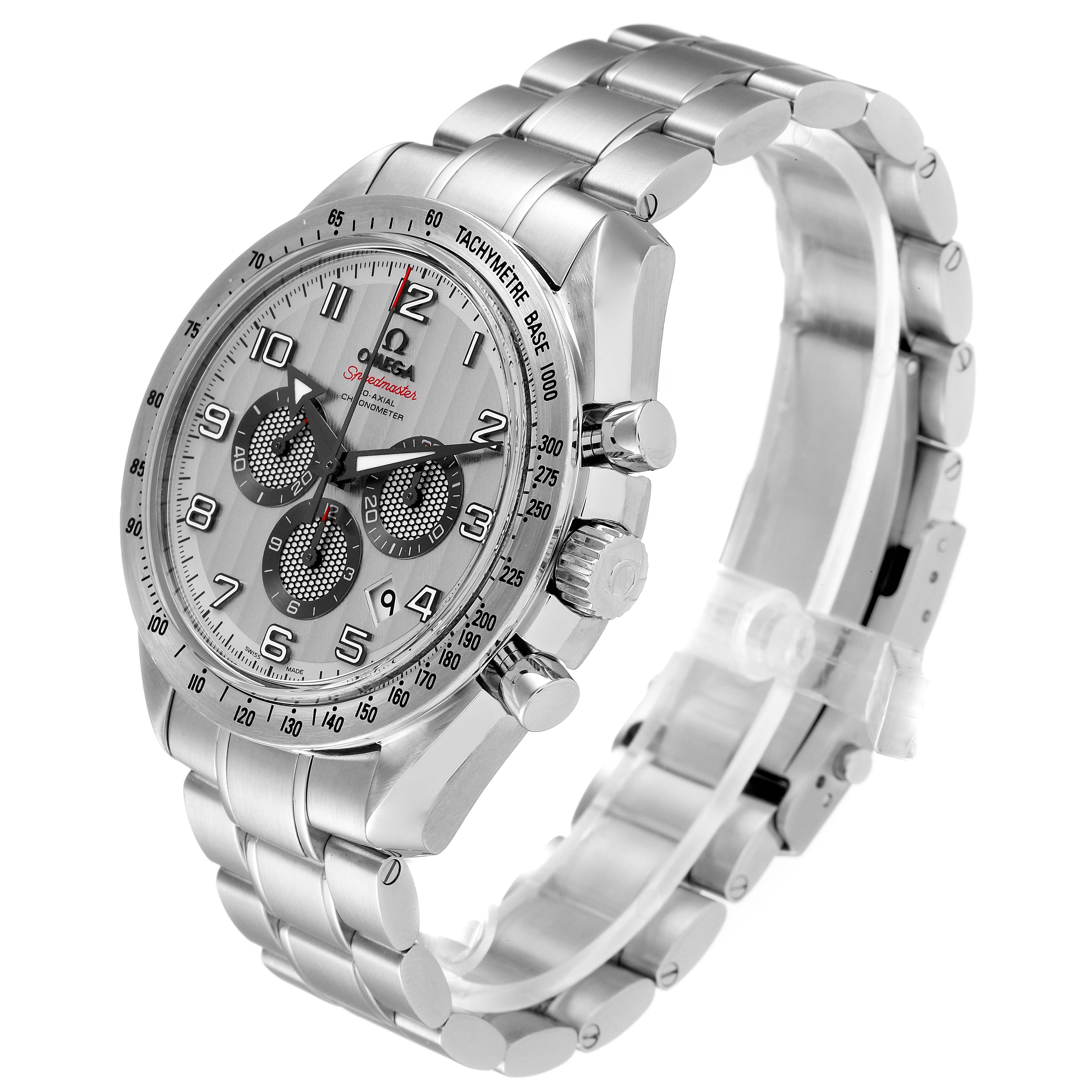 The image shows an angled view of an Omega Speedmaster 321.10.44.50.02.001 Men
s Stainless Steel Silver Dial 321.10.44.50.02.001 Men
s Stainless Steel Silver Dial watch, highlighting the face, bezel, crown, pushers, and bracelet.