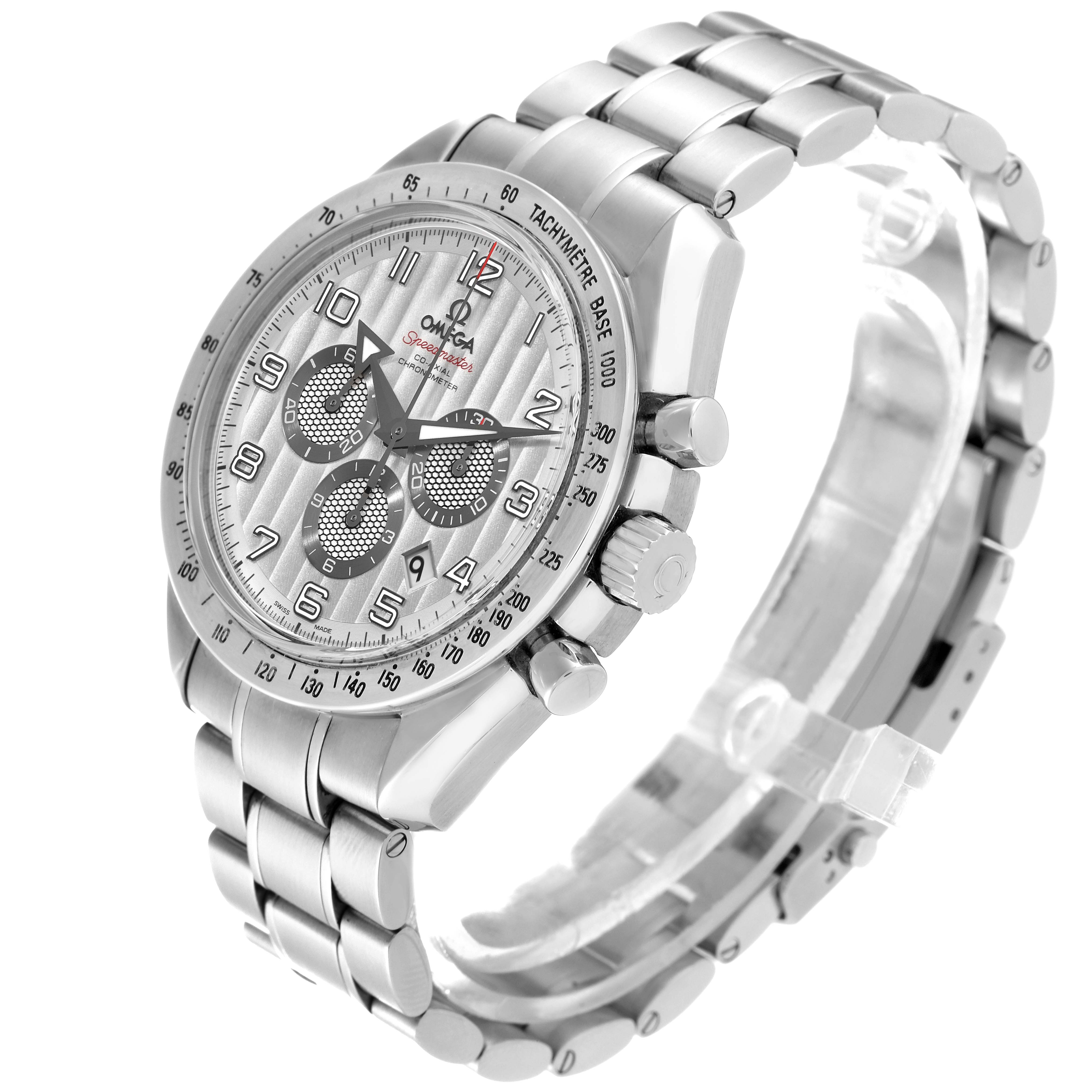 The Omega Speedmaster 321.10.44.50.02.001 Men's Stainless Steel Silver Dial 321.10.44.50.02.001 Men's Stainless Steel Silver Dial watch is shown at an angled top-down view, featuring the dial, chronograph subdials, bezel, case, crown, and bracelet.