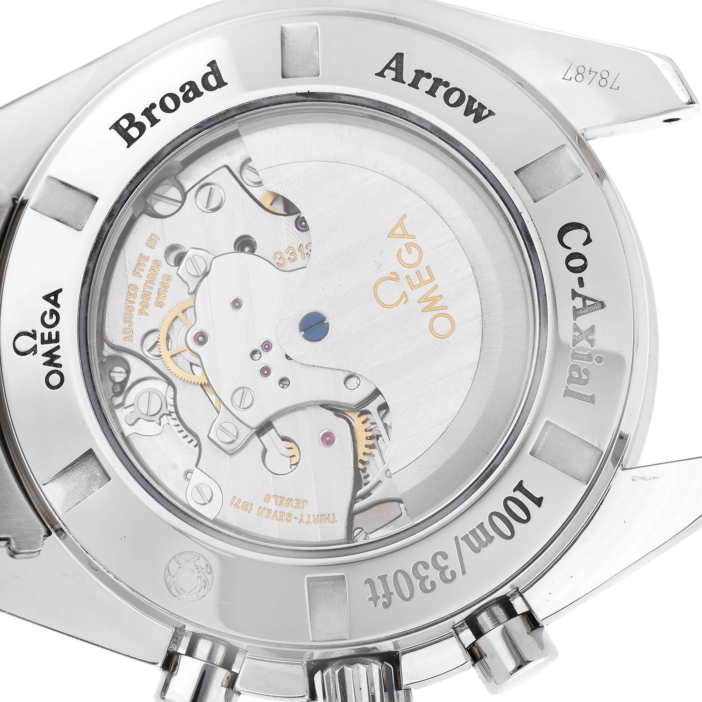 The image shows the back case of an Omega Speedmaster 321.10.44.50.02.001 Men's Stainless Steel Silver Dial 321.10.44.50.02.001 Men's Stainless Steel Silver Dial Broad Arrow watch, revealing its Co-Axial movement.