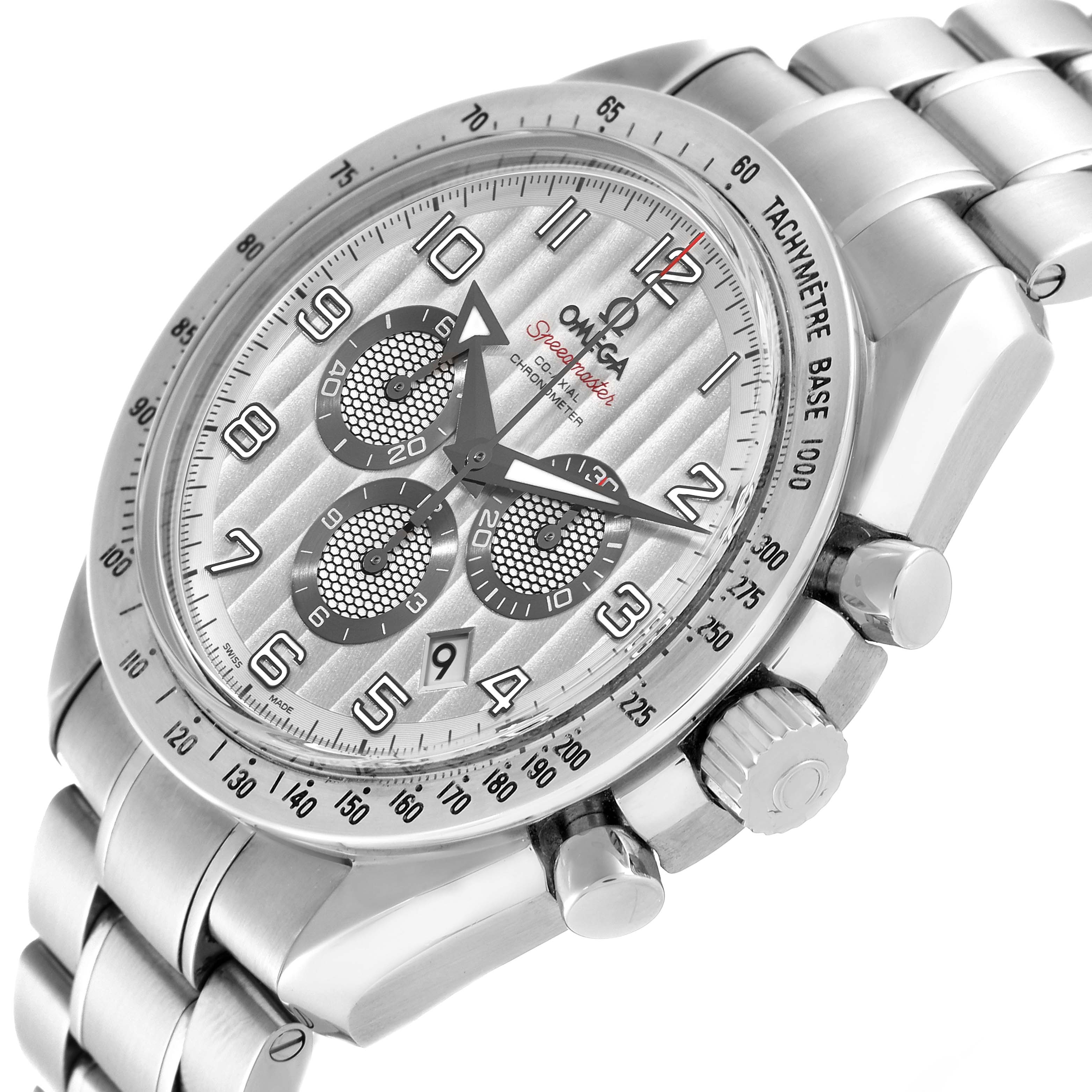 The image shows an angled view of the Omega Speedmaster 321.10.44.50.02.001 Men's Stainless Steel Silver Dial 321.10.44.50.02.001 Men's Stainless Steel Silver Dial watch, highlighting its face, bezel, sub-dials, and metal bracelet.